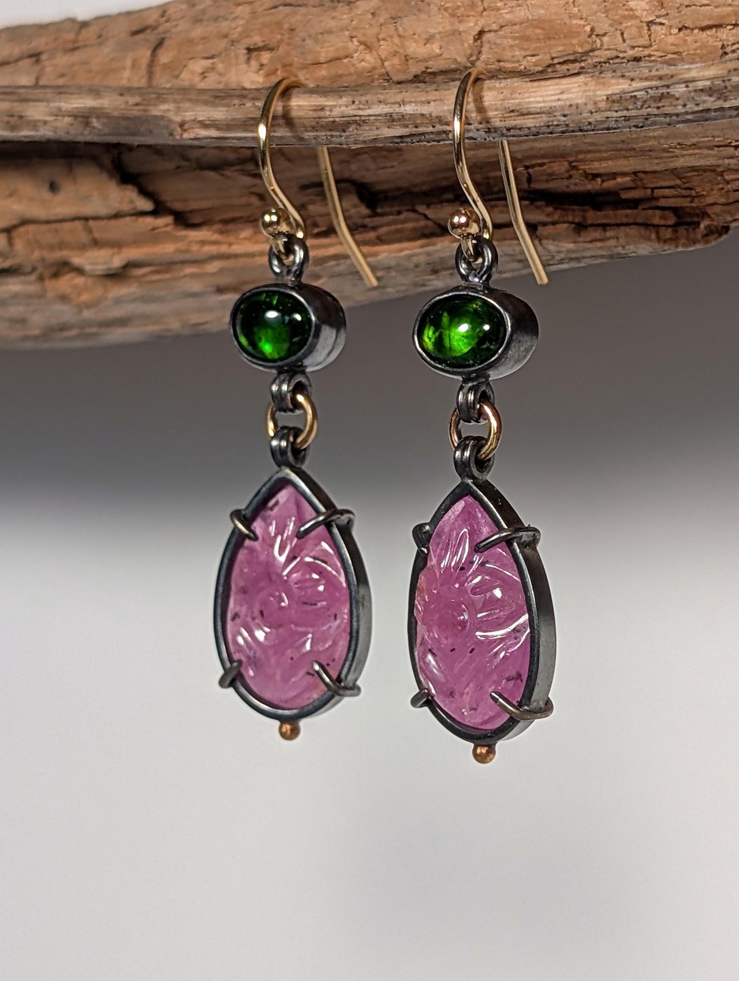 Carved Ruby and Chrome Diopside Earrings, Sterling Silver, 18K Gold Accents