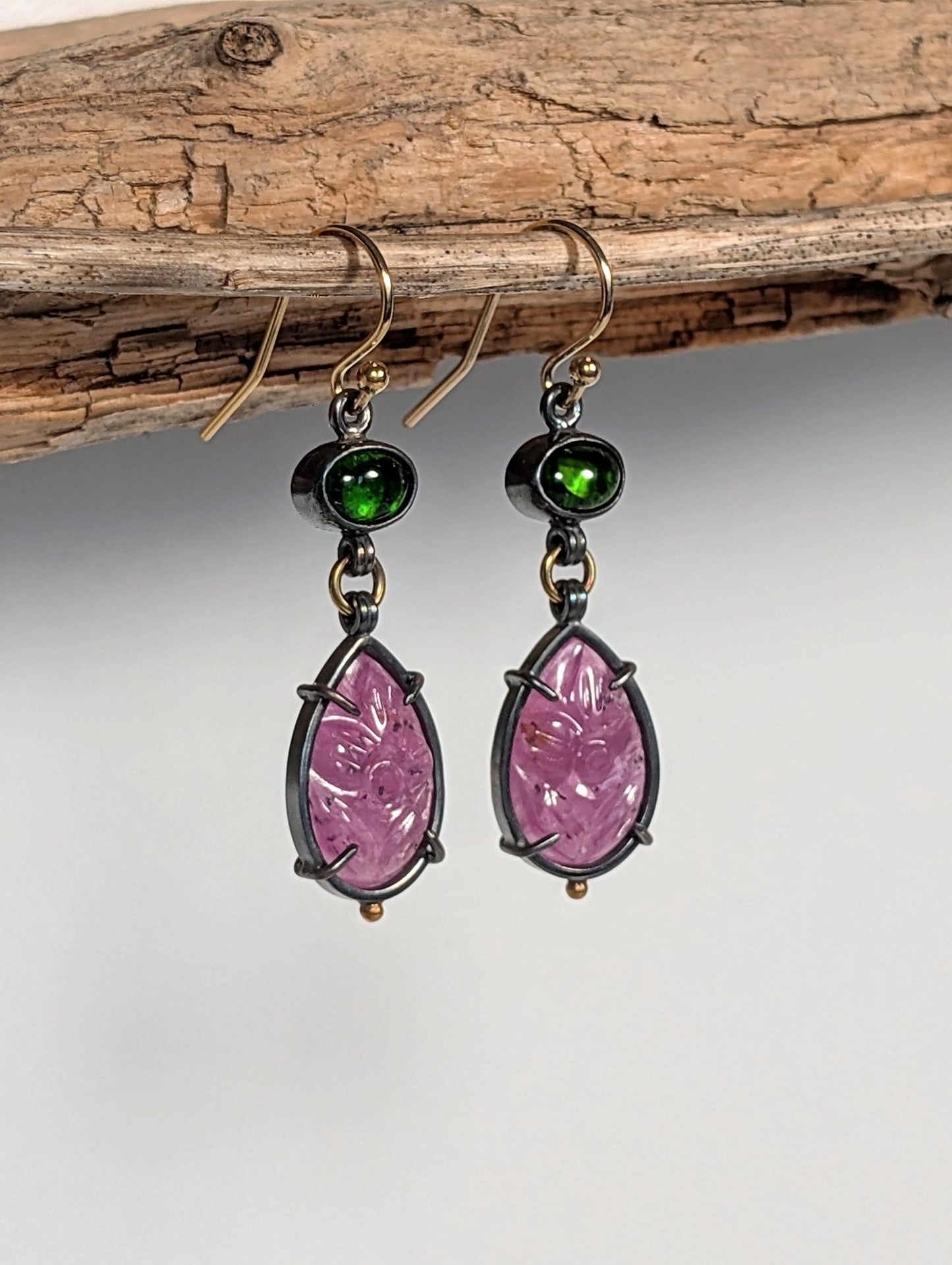 Carved Ruby and Chrome Diopside Earrings, Sterling Silver, 18K Gold Accents