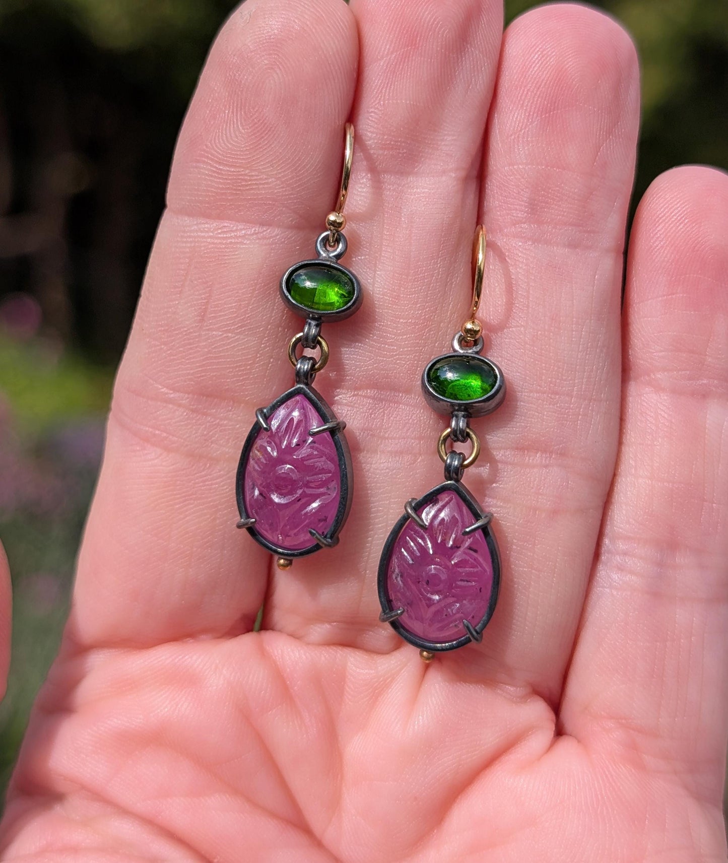 Carved Ruby and Chrome Diopside Earrings, Sterling Silver, 18K Gold Accents