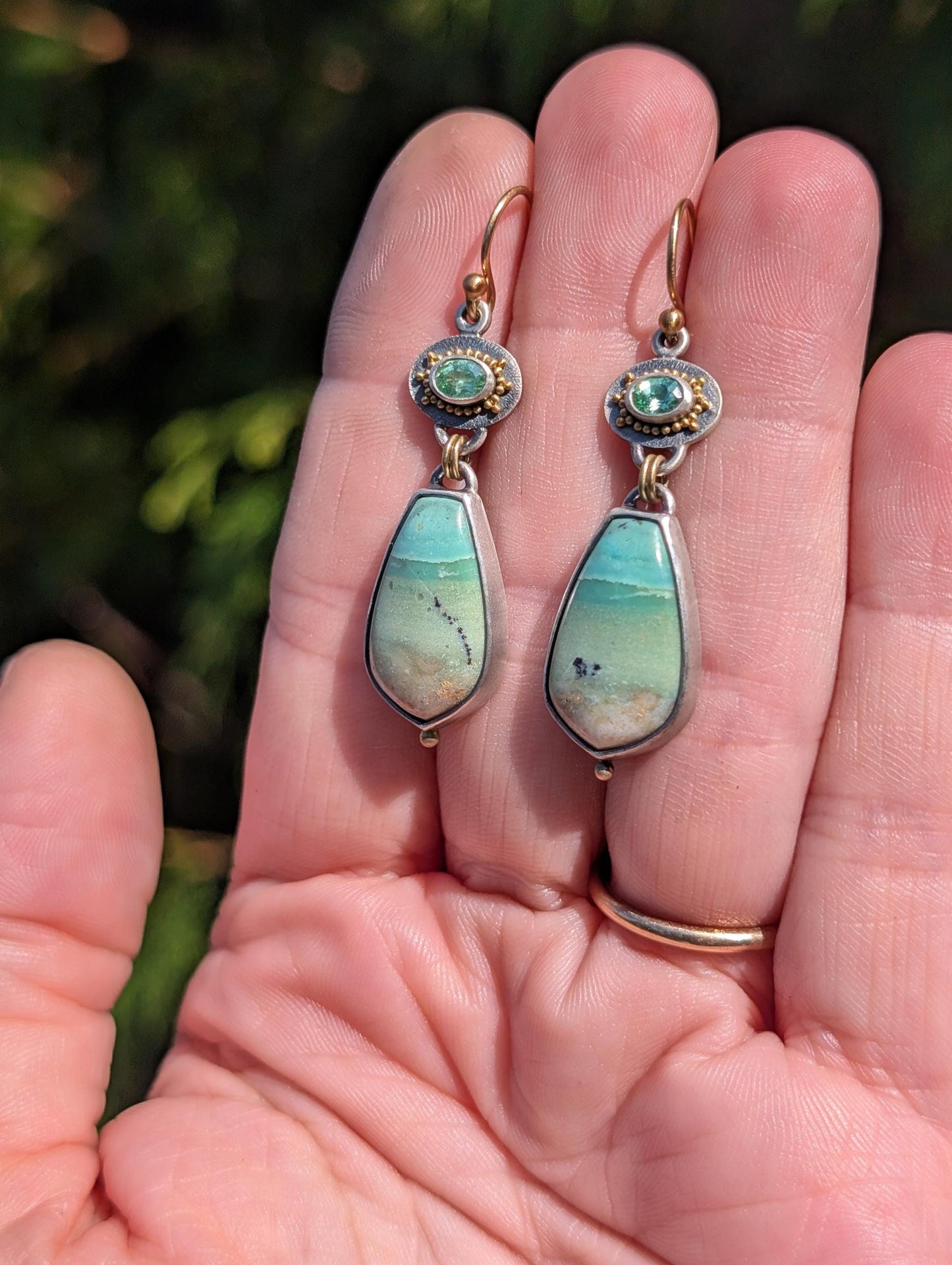 Opalized Wood and Kornerupine Earrings, Sterling Silver, 18K Gold Accents