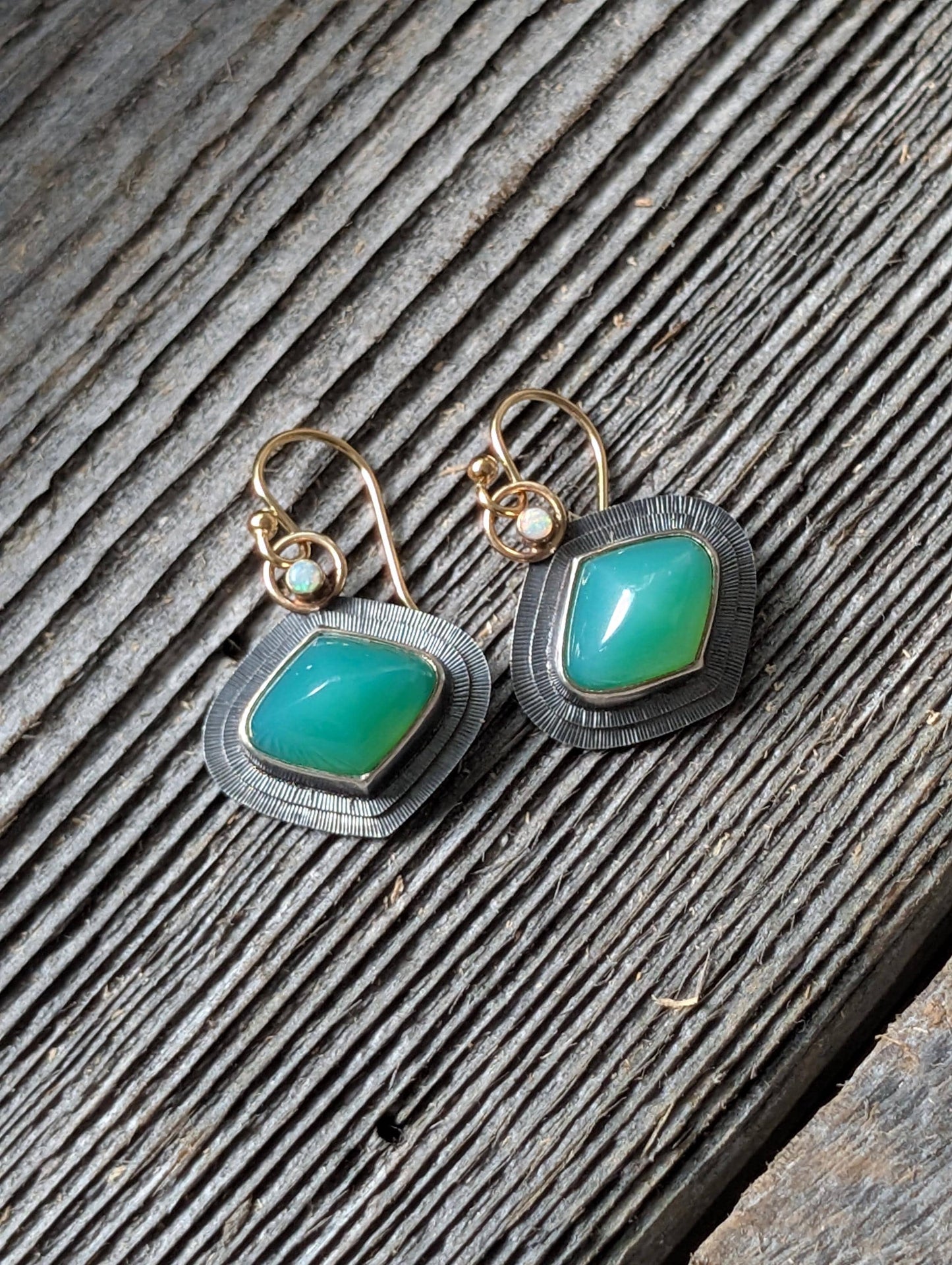 Australian Chrysoprase Earrings, Australian Opal Earrings, Sterling Silver 14K Gold