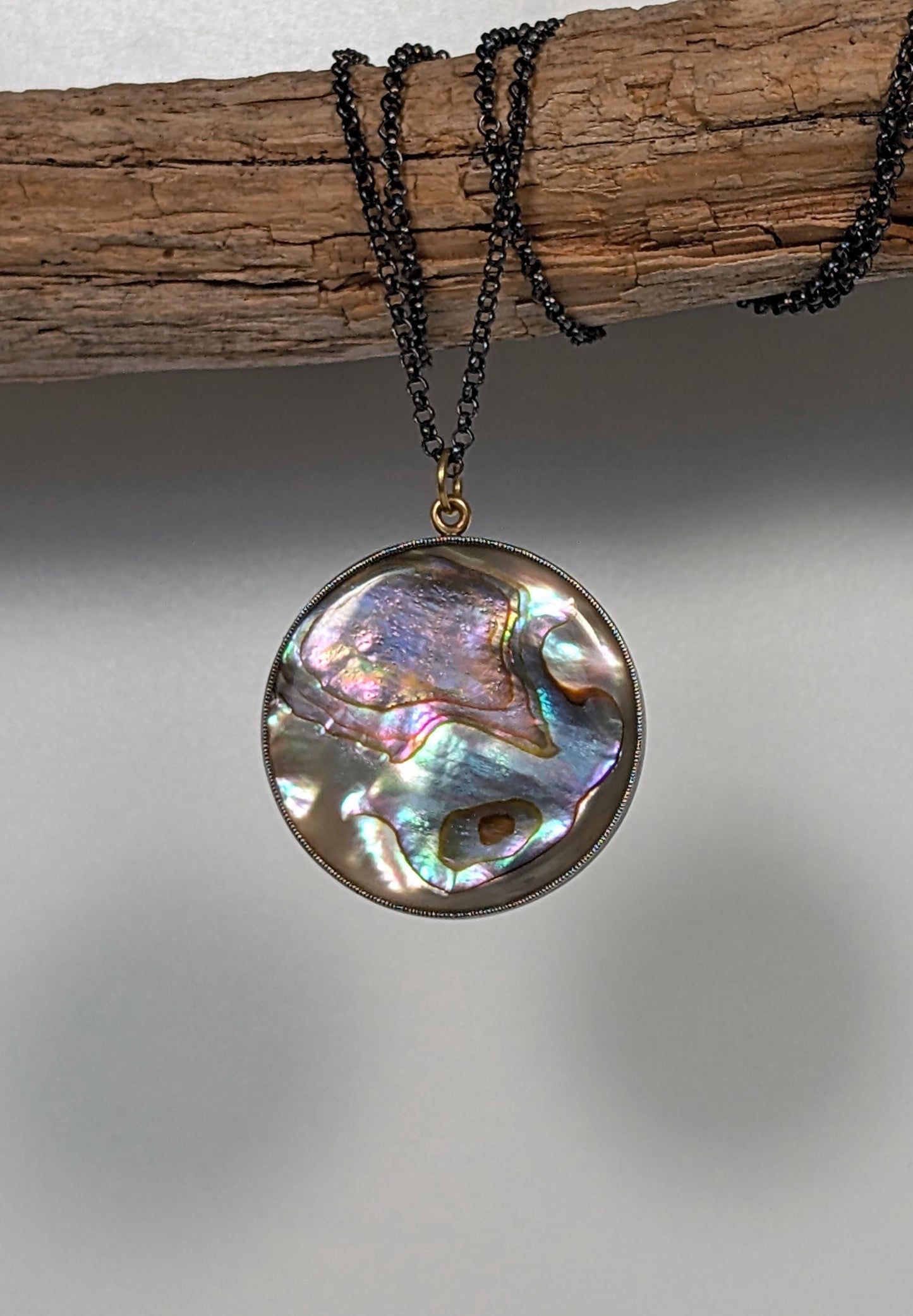 Abalone Pendant, Oxidized Sterling Silver, 18K Gold Accents