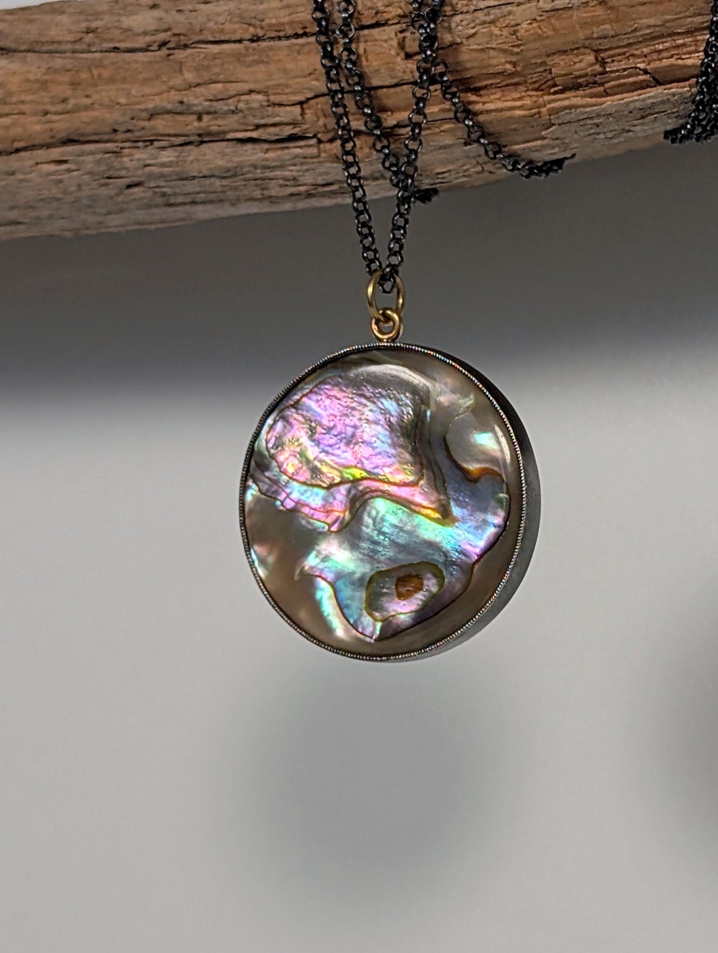 Abalone Pendant, Oxidized Sterling Silver, 18K Gold Accents