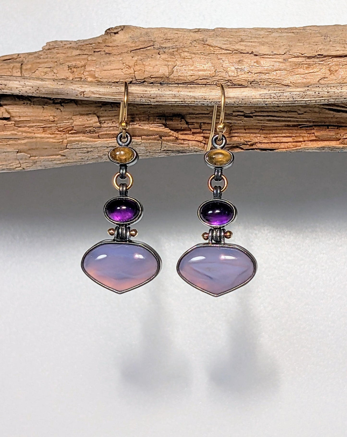 Blue Holly Agate Earrings,  Amethyst Earrings, Petrol Tourmaline Earrings, Sterling Silver 18K Gold