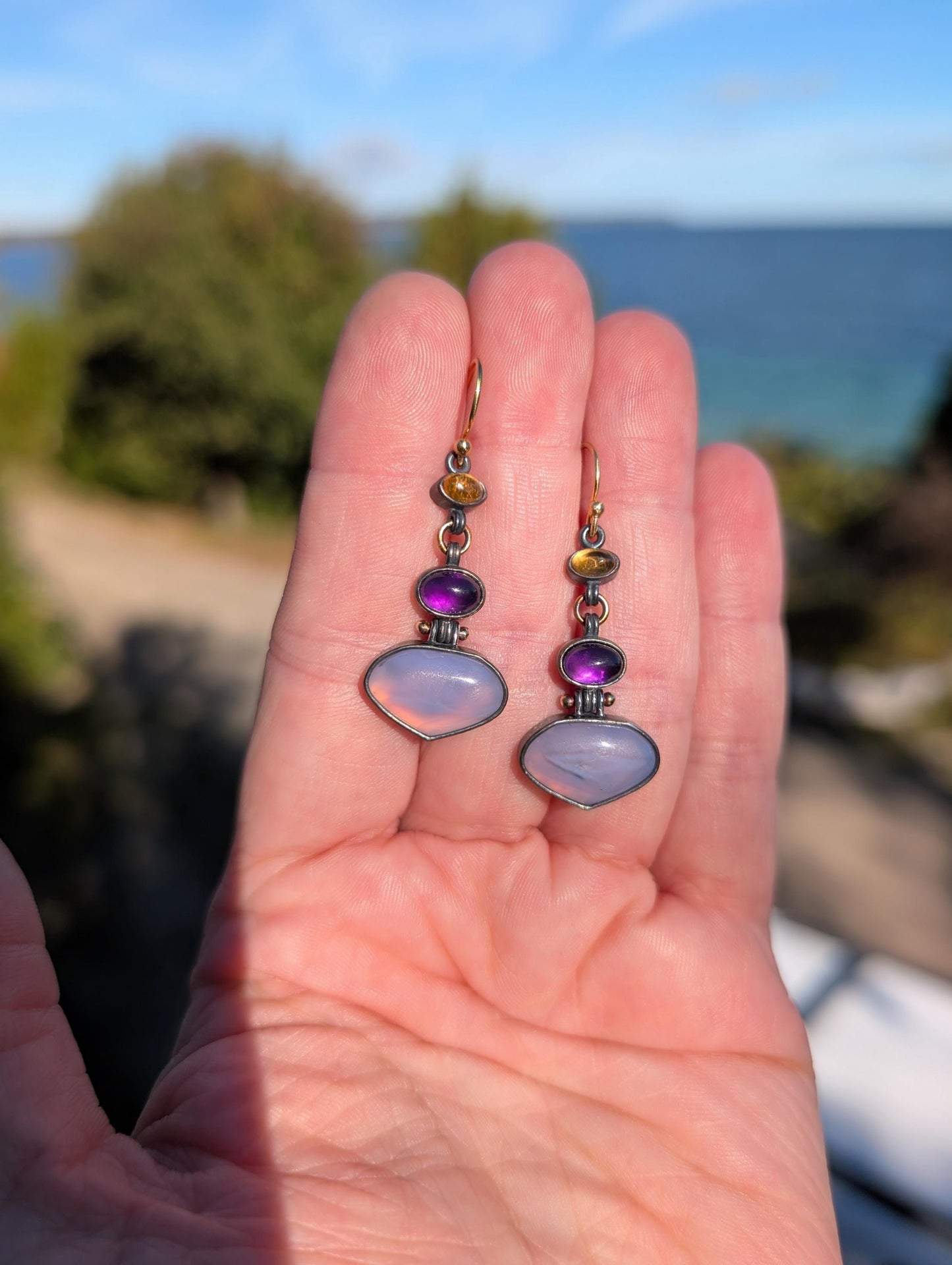 Blue Holly Agate Earrings,  Amethyst Earrings, Petrol Tourmaline Earrings, Sterling Silver 18K Gold