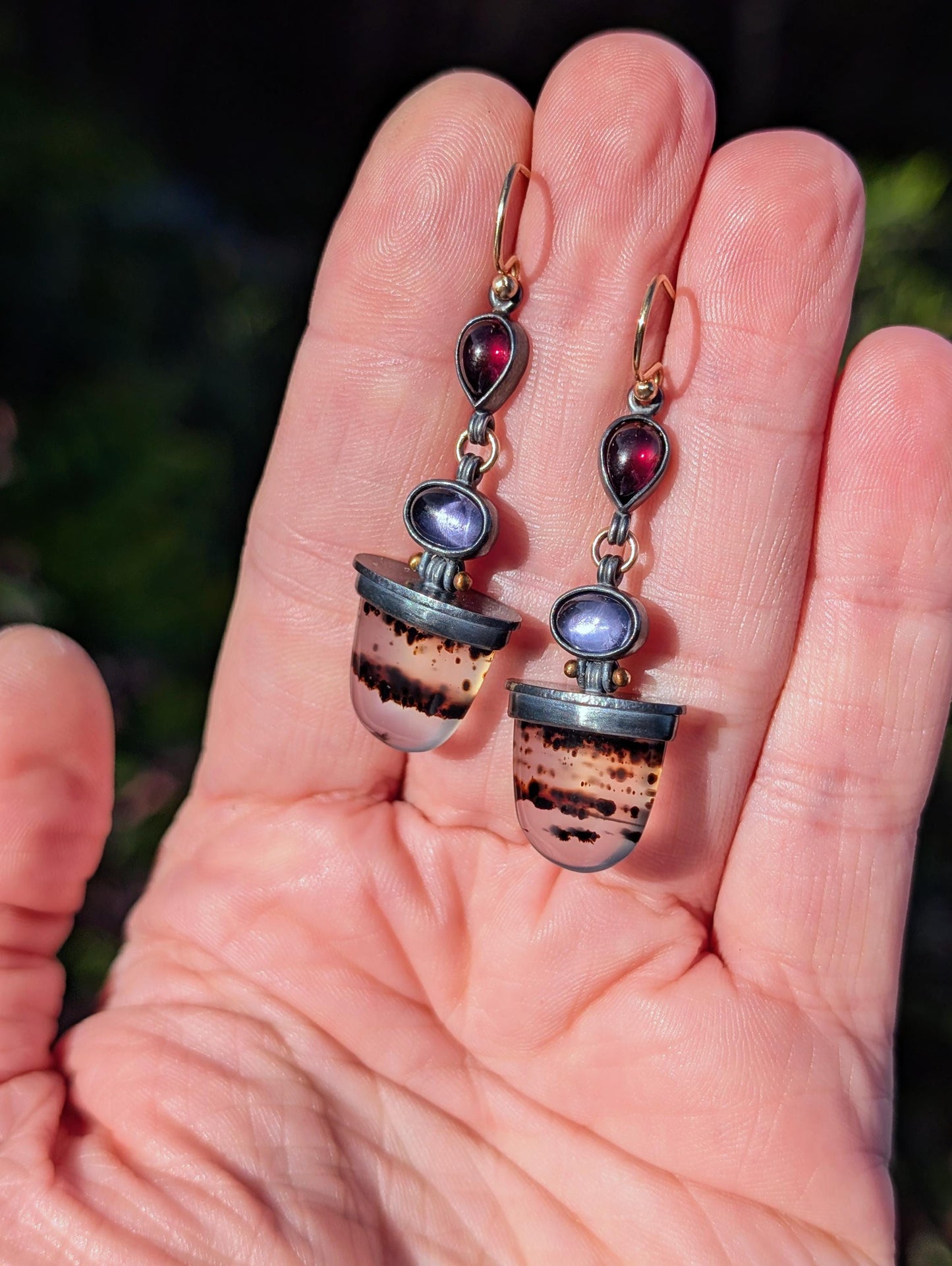 Montana Agate Earrings, Rhodolite Garnet Earrings, Iolite Earrings, Sterling Silver 18K Gold