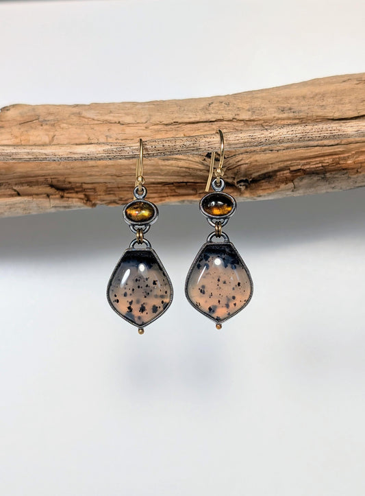 Montana Agate Earrings, Tourmaline Earrings, Sterling SIlver, 18K Gold