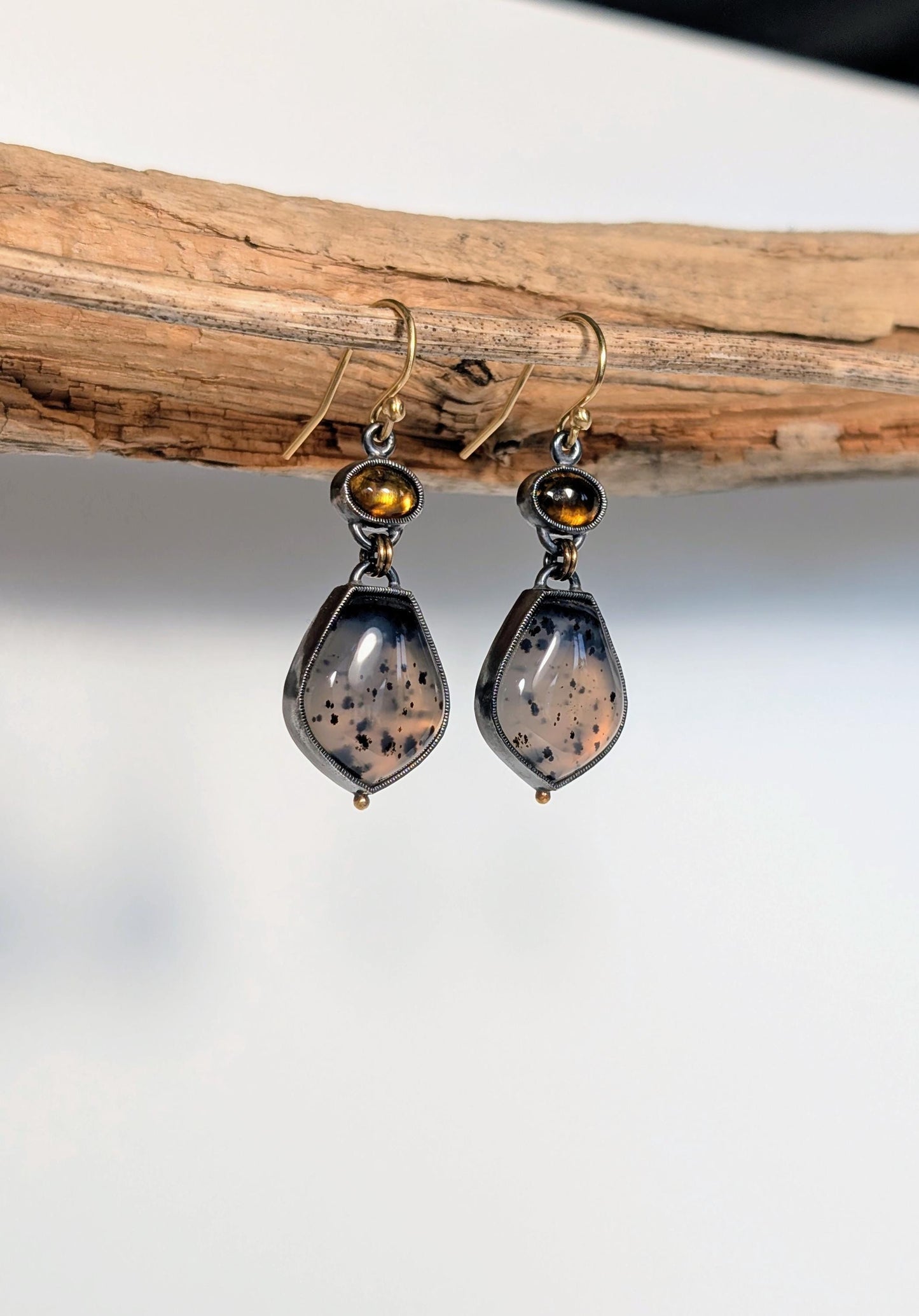Montana Agate Earrings, Tourmaline Earrings, Sterling SIlver, 18K Gold