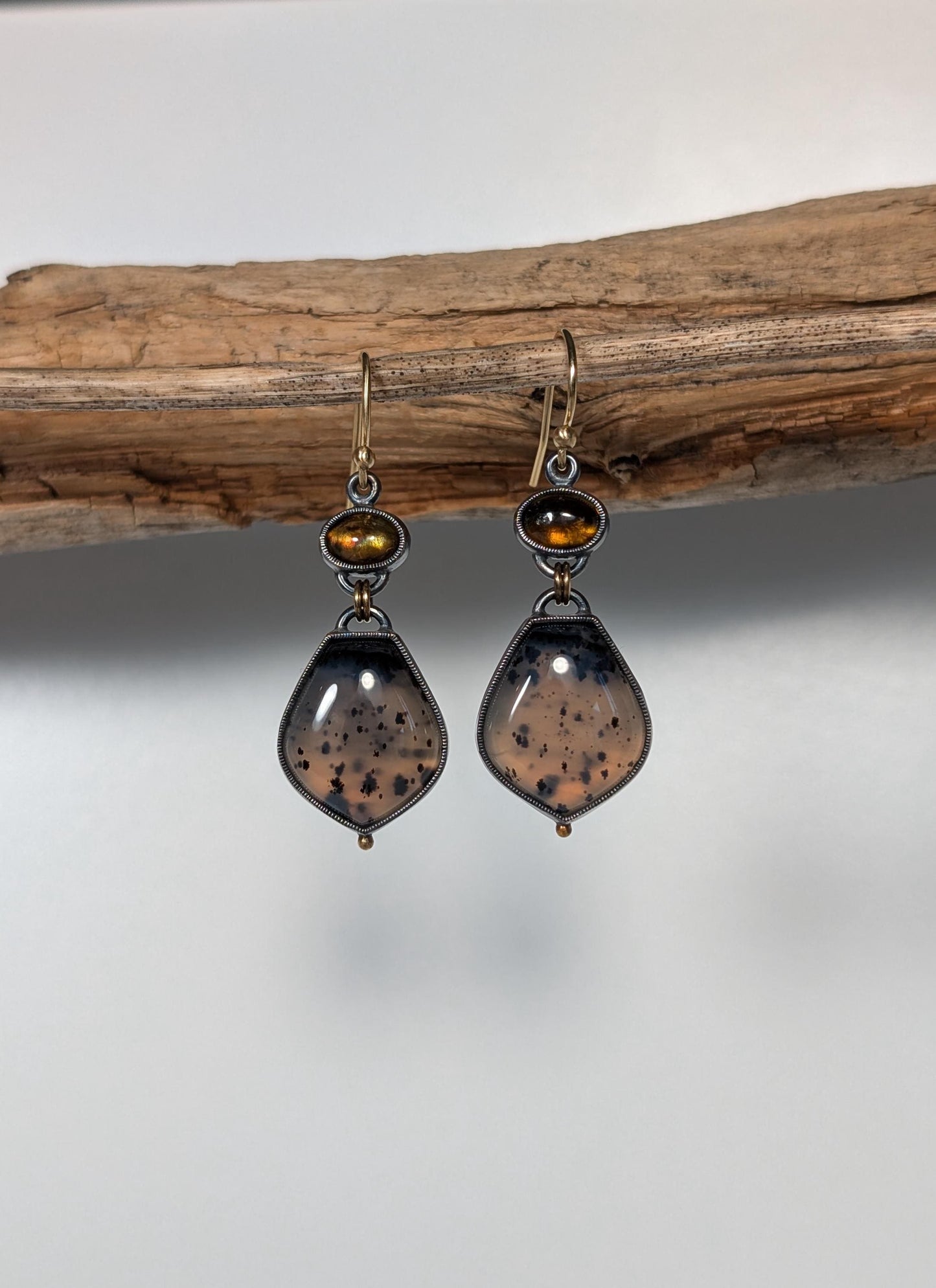 Montana Agate Earrings, Tourmaline Earrings, Sterling SIlver, 18K Gold