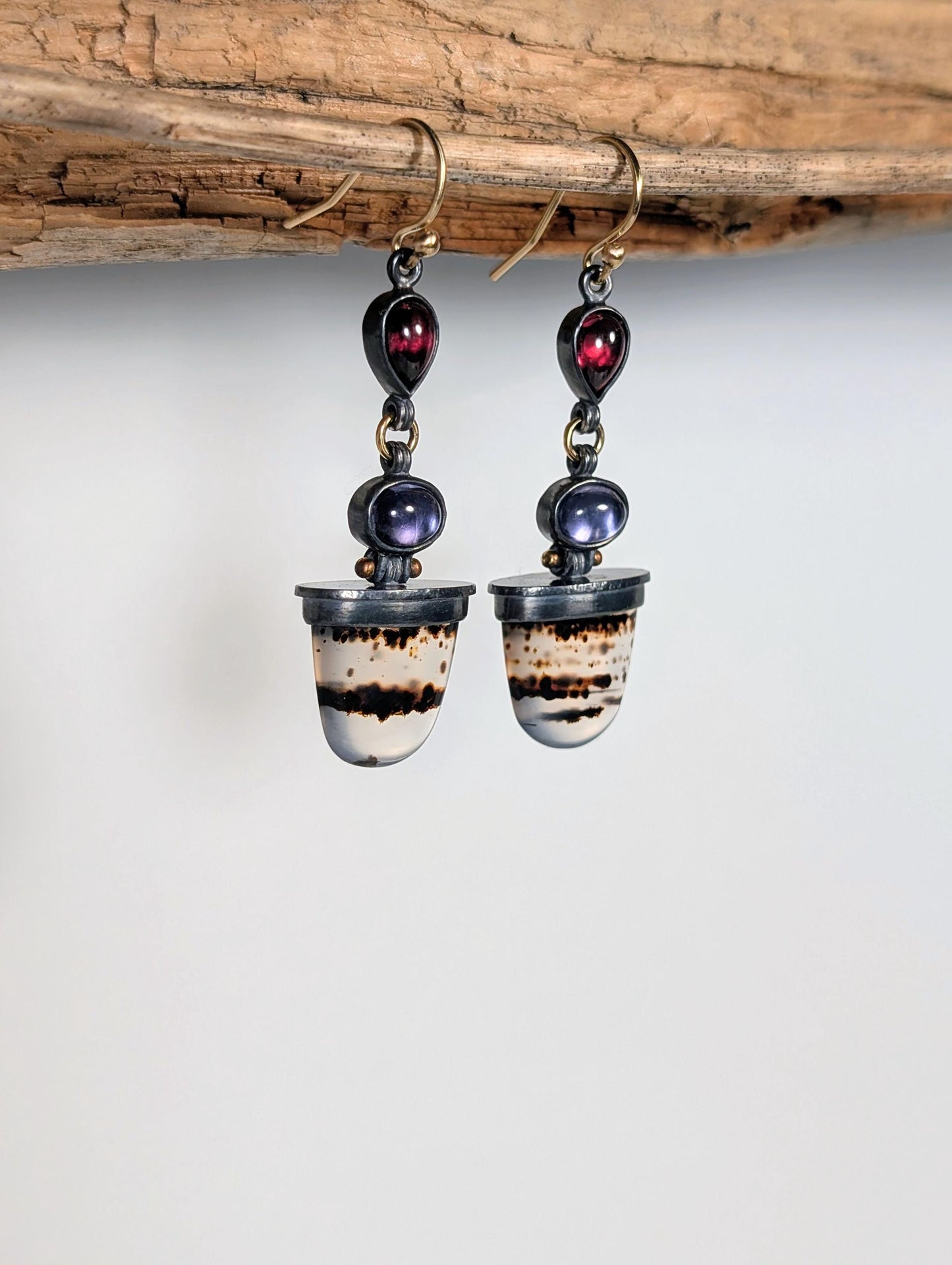 Montana Agate Earrings, Rhodolite Garnet Earrings, Iolite Earrings, Sterling Silver 18K Gold
