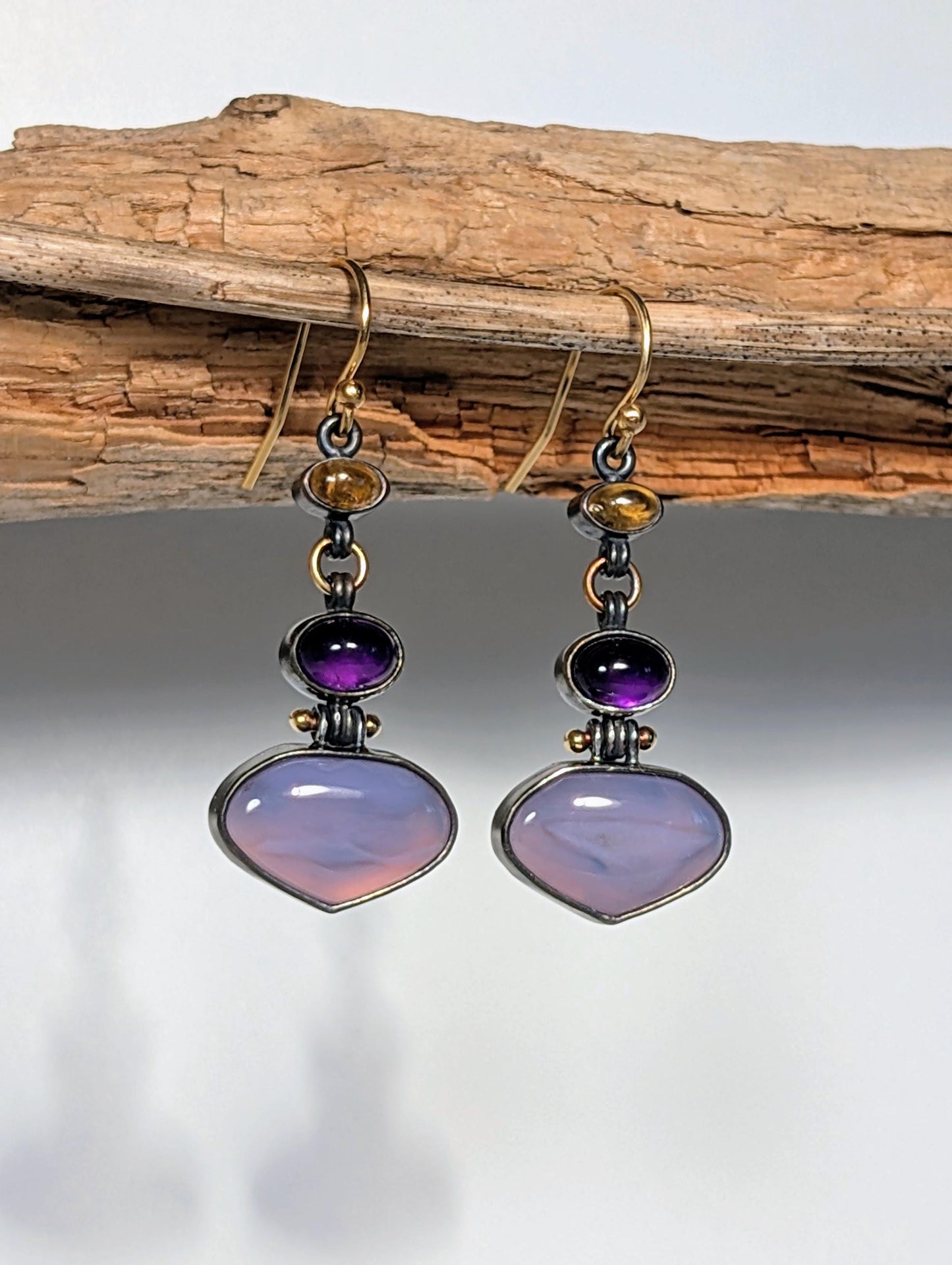 Blue Holly Agate Earrings,  Amethyst Earrings, Petrol Tourmaline Earrings, Sterling Silver 18K Gold