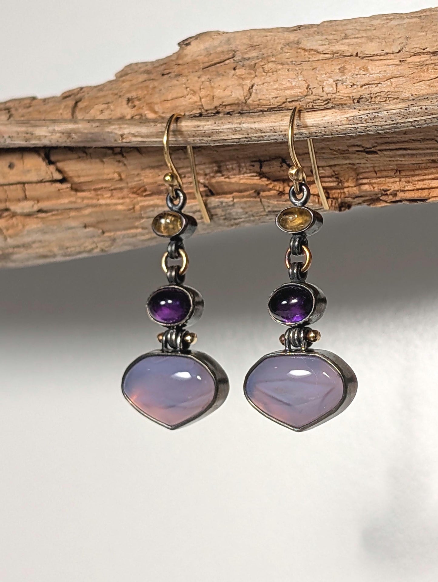 Blue Holly Agate Earrings,  Amethyst Earrings, Petrol Tourmaline Earrings, Sterling Silver 18K Gold