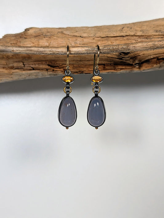 Turkish Blue Chalcedony and Mexican Fire Opal Earrings, Sterling Silver, 18K Gold