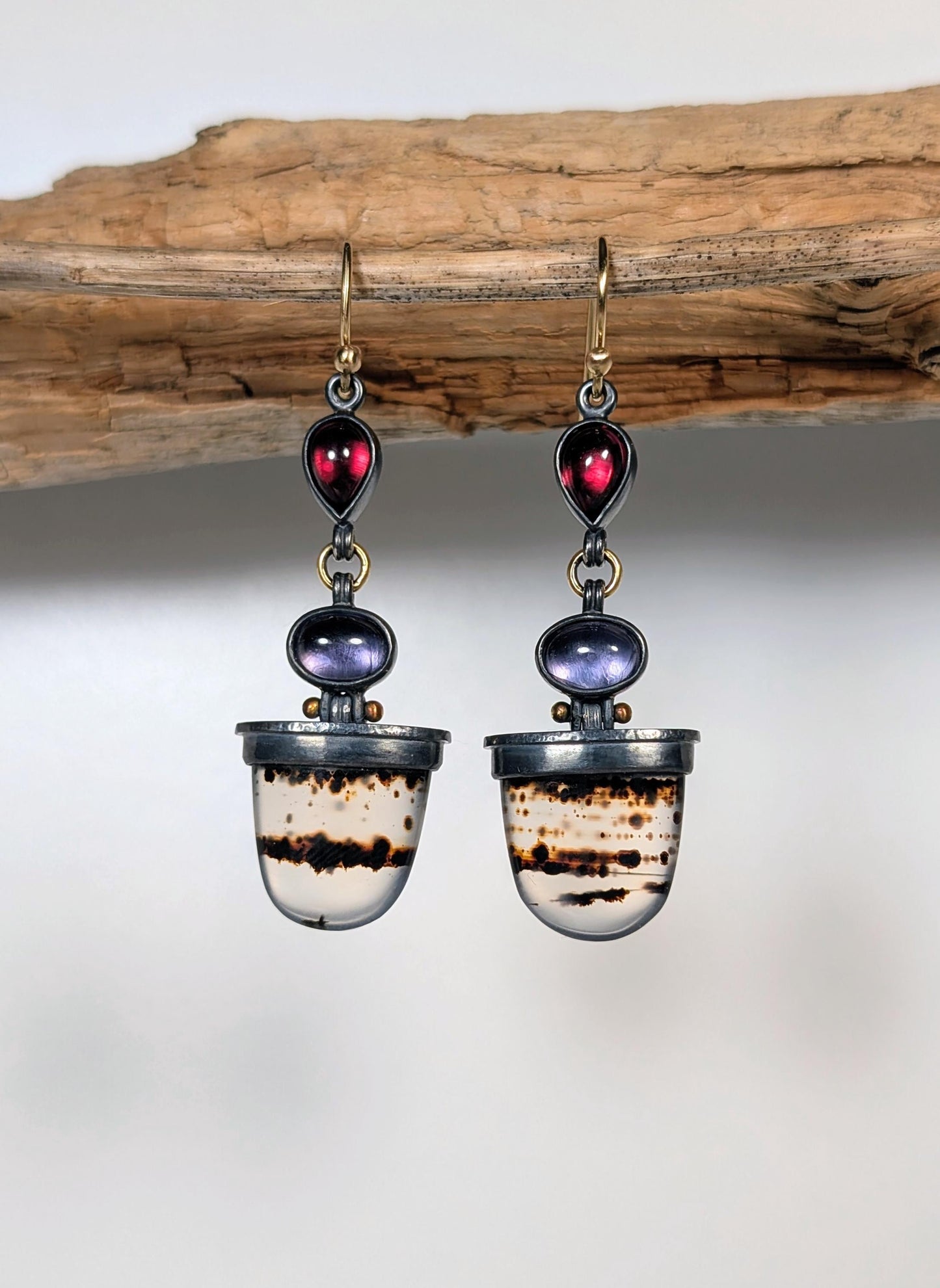 Montana Agate Earrings, Rhodolite Garnet Earrings, Iolite Earrings, Sterling Silver 18K Gold