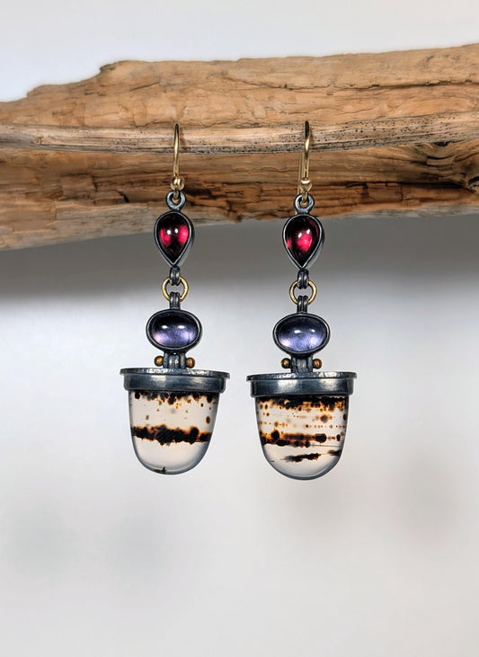 Montana Agate Earrings, Rhodolite Garnet Earrings, Iolite Earrings, Sterling Silver 18K Gold