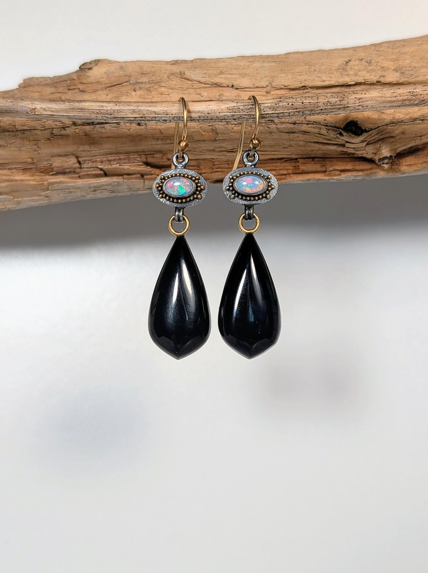 Wyoming Edwards Black Jade and Australian Opal Earrings, Sterling Silver, 18K Gold
