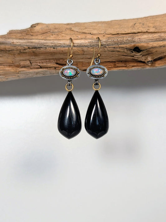 Wyoming Edwards Black Jade and Australian Opal Earrings, Sterling Silver, 18K Gold