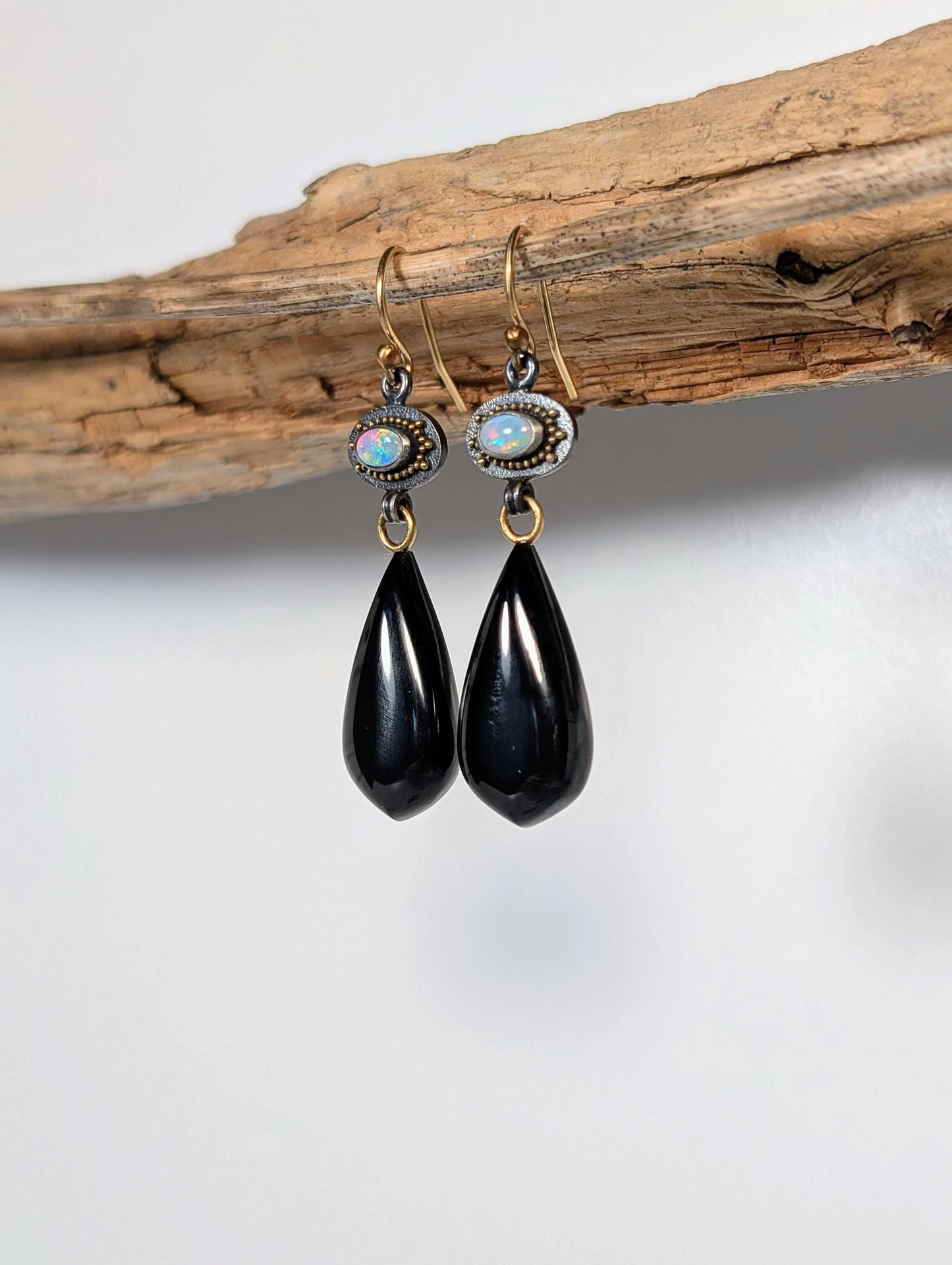 Wyoming Edwards Black Jade and Australian Opal Earrings, Sterling Silver, 18K Gold