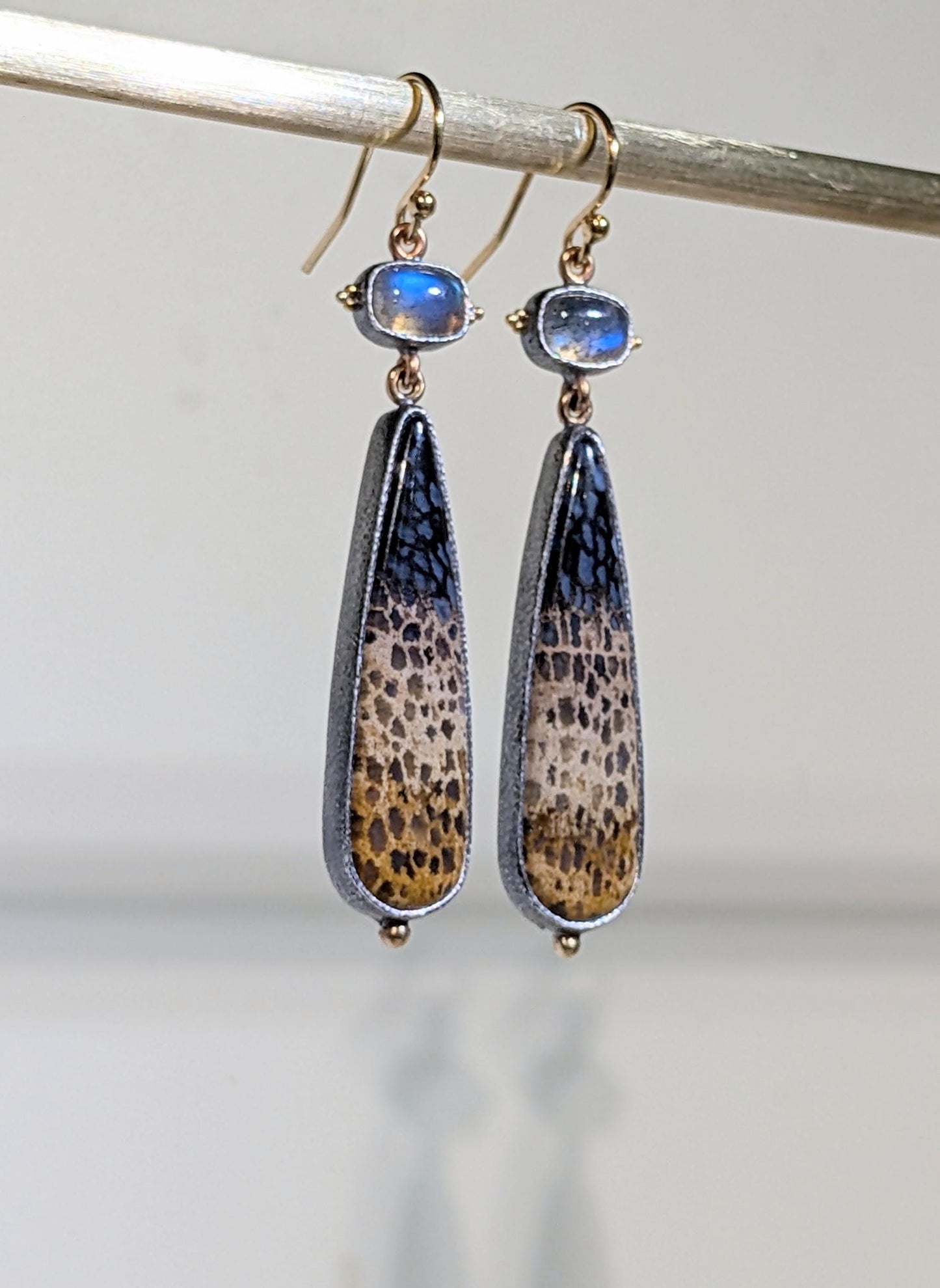 Tricolor Petrified Palmwood Earrings, Blue Labradorite Earrings, Sterling Silver, 22k Gold Granulation, 14k Gold Accents