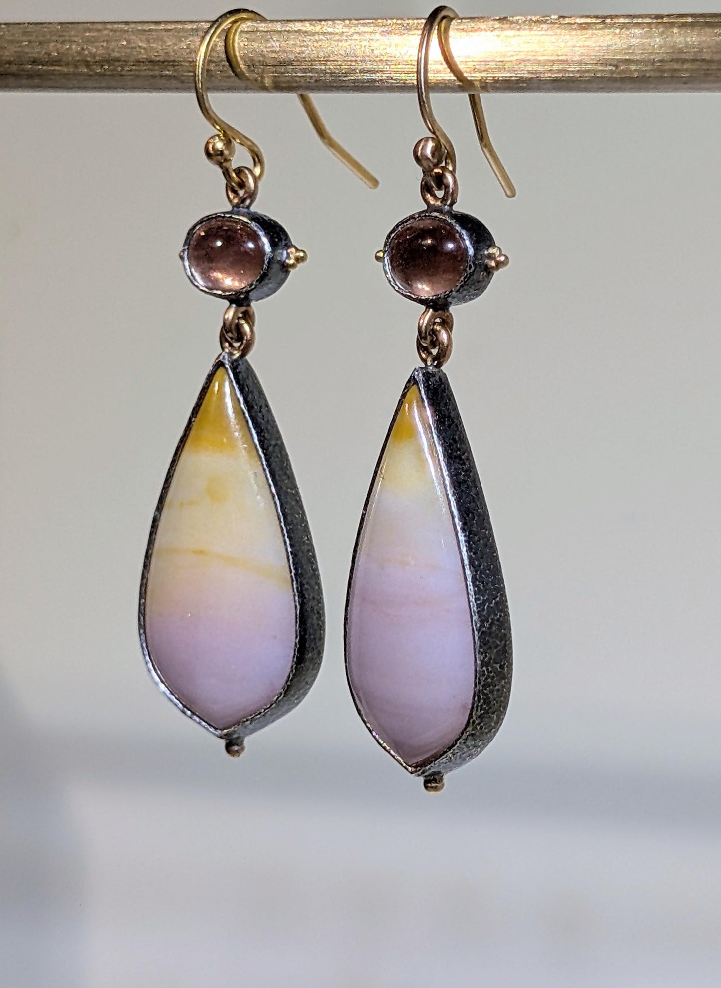 Oregon Sunset Agate Earrings, Oregon Sunstone Earrings, Sterling Silver, 22k Gold Granulation, 14k Gold Accents