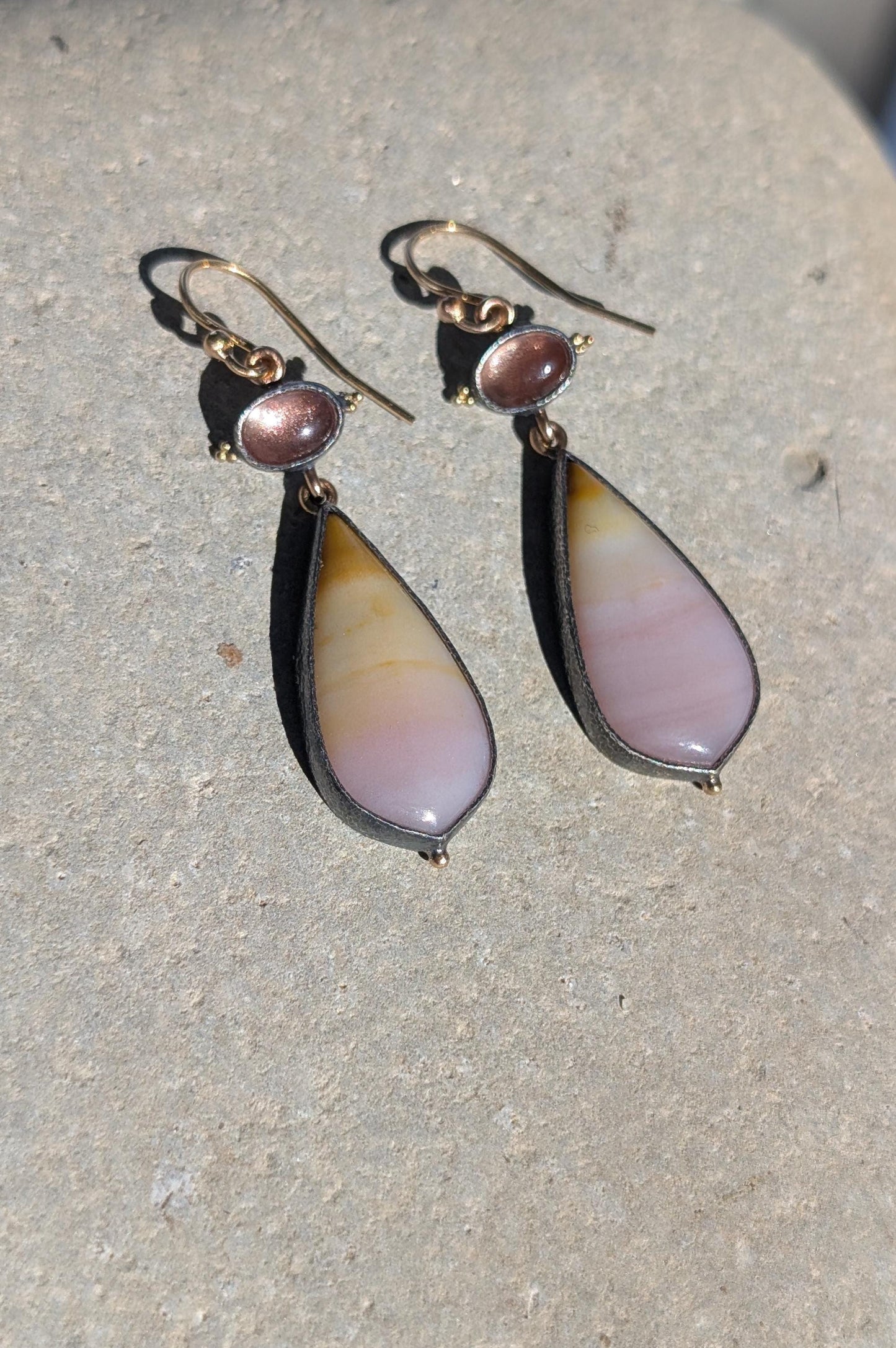 Oregon Sunset Agate Earrings, Oregon Sunstone Earrings, Sterling Silver, 22k Gold Granulation, 14k Gold Accents