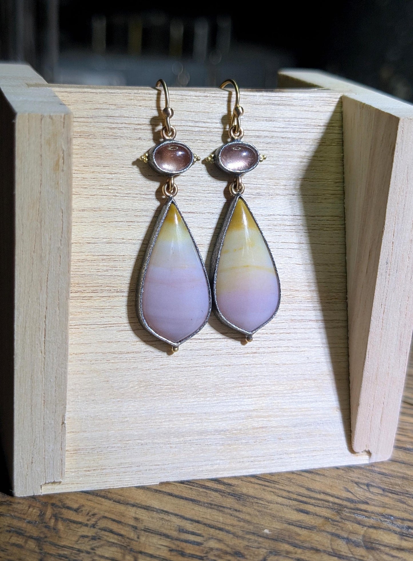 Oregon Sunset Agate Earrings, Oregon Sunstone Earrings, Sterling Silver, 22k Gold Granulation, 14k Gold Accents