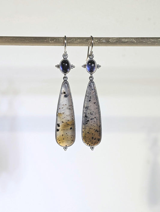 Montana Agate Earrings, Dendritic Agate Earrings,  Iolite Earrings, Sterling Silver