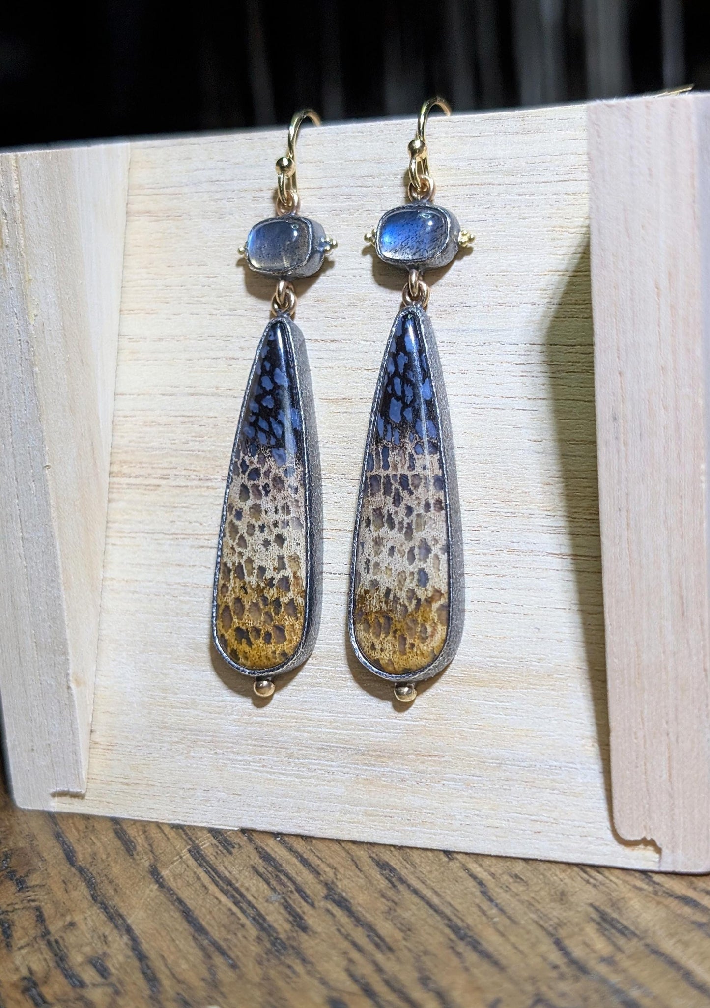 Tricolor Petrified Palmwood Earrings, Blue Labradorite Earrings, Sterling Silver, 22k Gold Granulation, 14k Gold Accents
