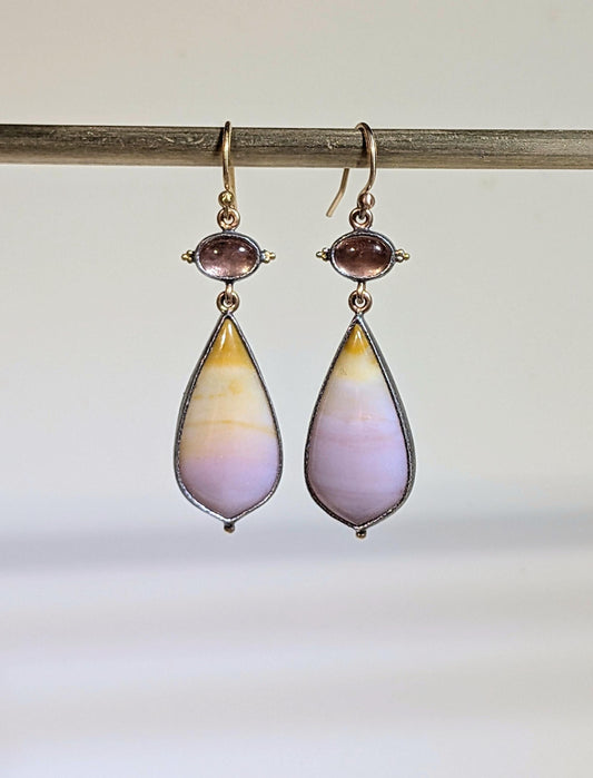 Oregon Sunset Agate Earrings, Oregon Sunstone Earrings, Sterling Silver, 22k Gold Granulation, 14k Gold Accents