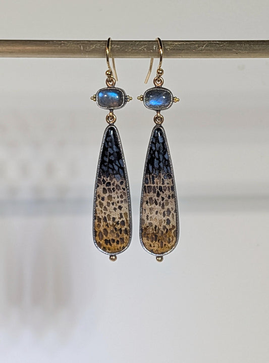 Tricolor Petrified Palmwood Earrings, Blue Labradorite Earrings, Sterling Silver, 22k Gold Granulation, 14k Gold Accents