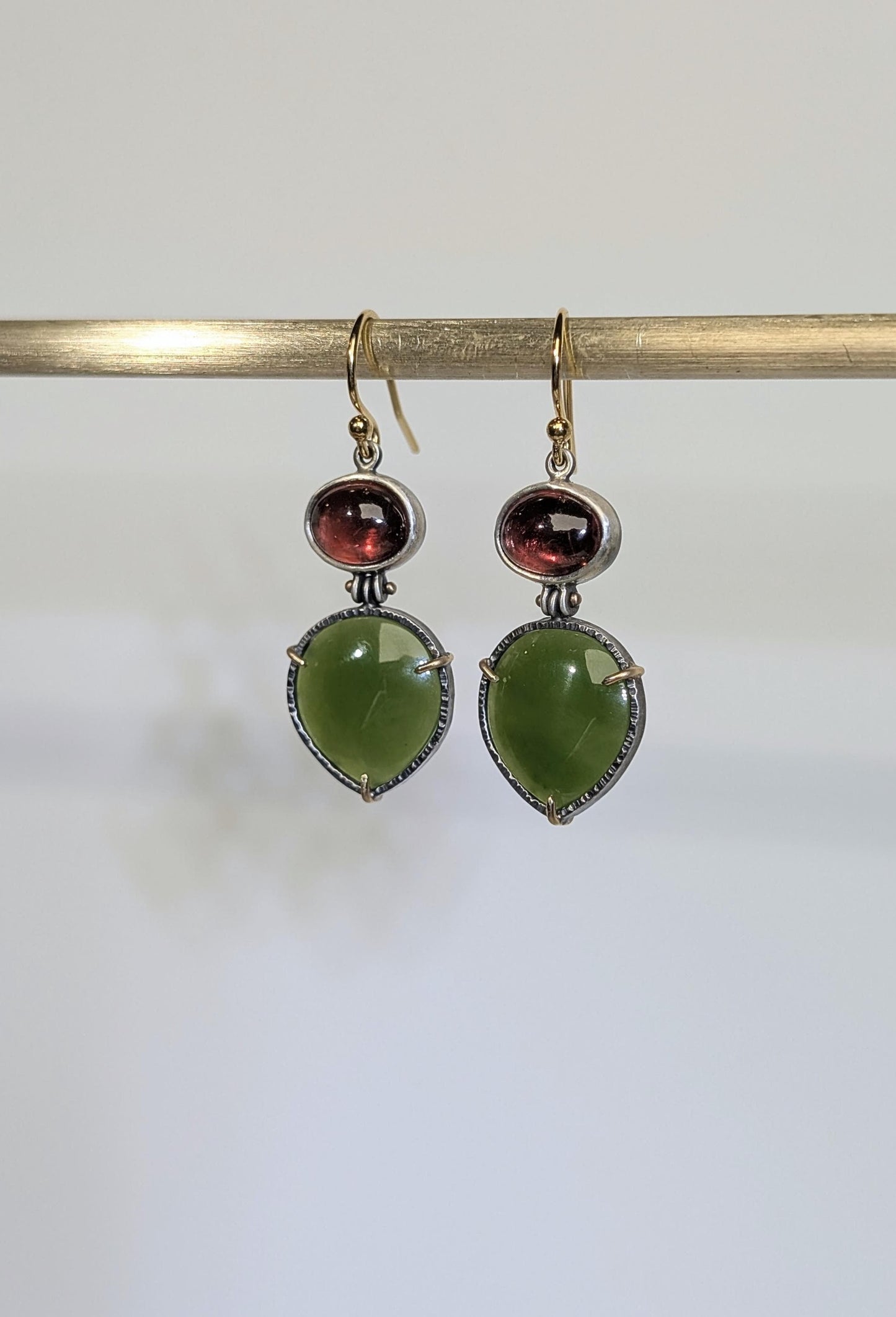 BC Jade Earrings, Tanga Garnet Earrings, Sterling Silver 14K Gold