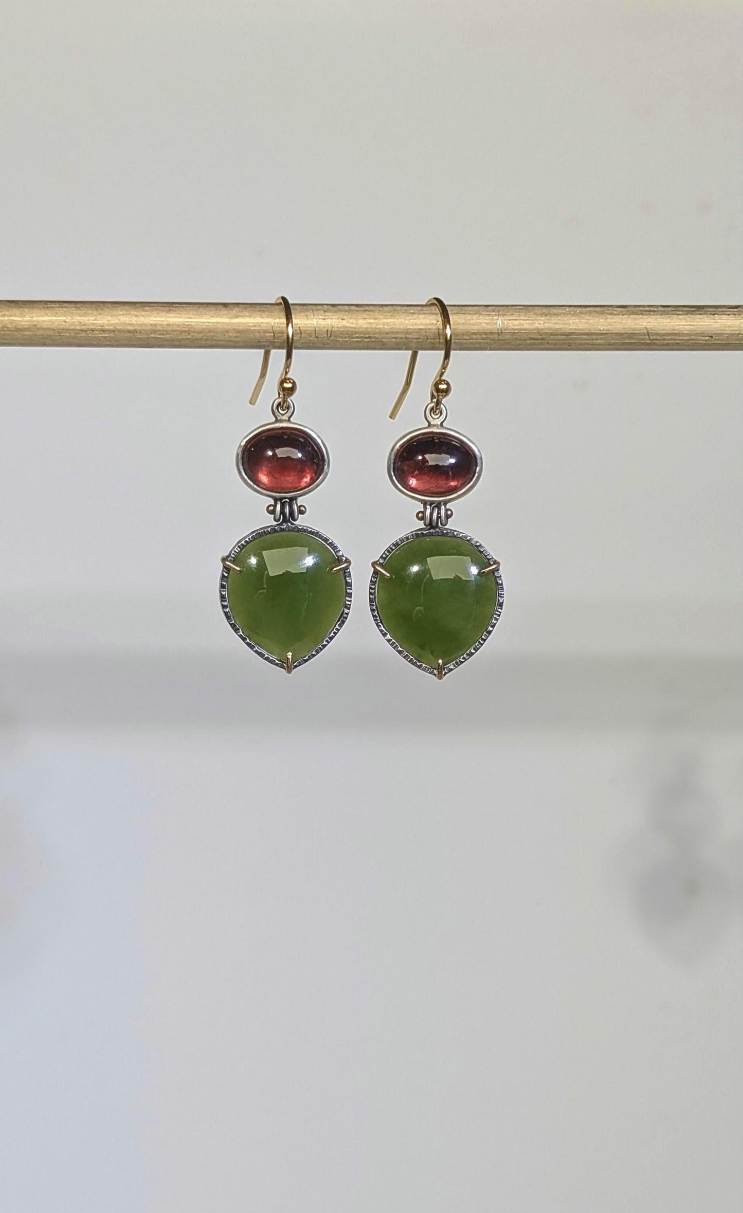 BC Jade Earrings, Tanga Garnet Earrings, Sterling Silver 14K Gold