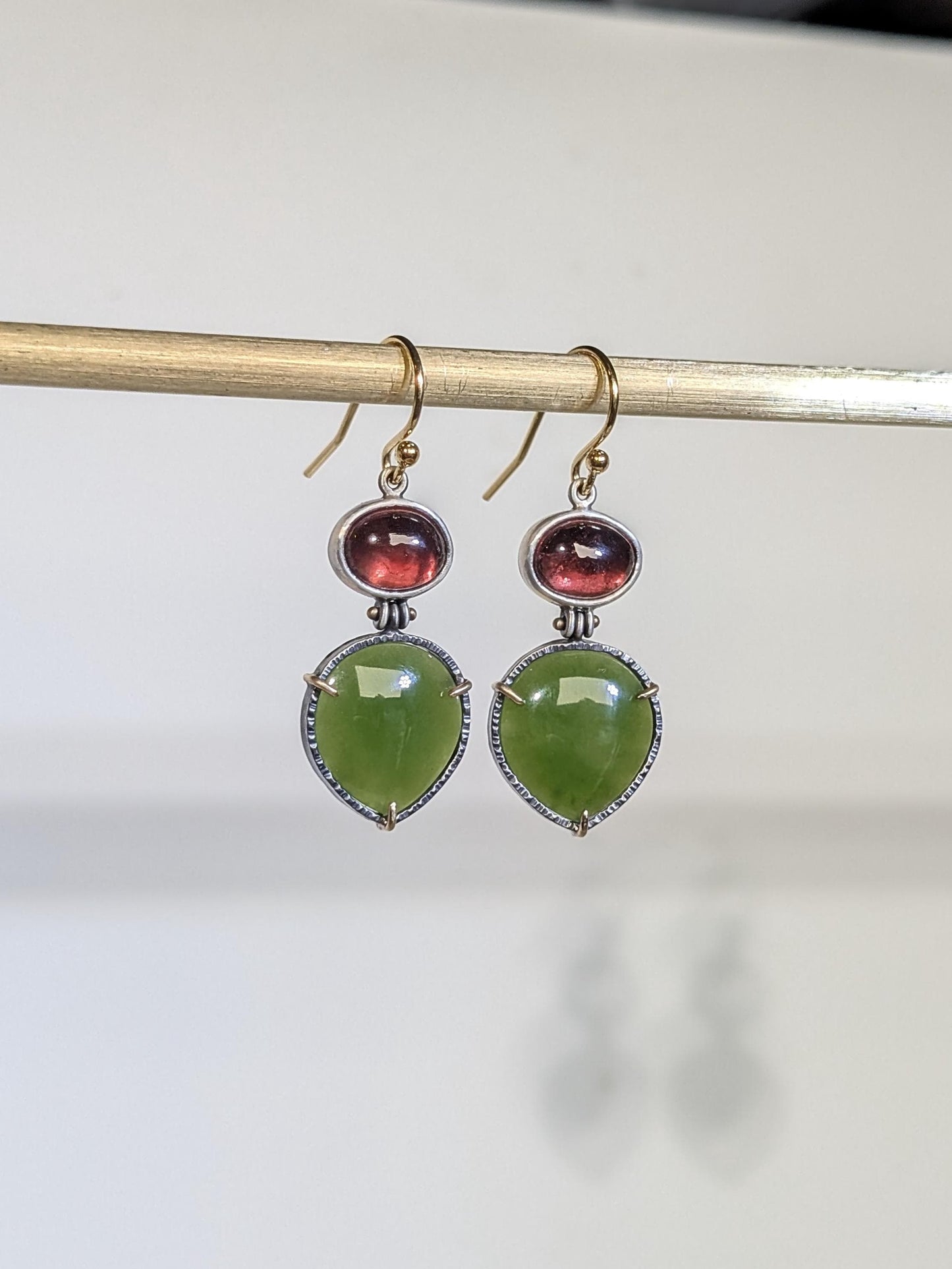 BC Jade Earrings, Tanga Garnet Earrings, Sterling Silver 14K Gold