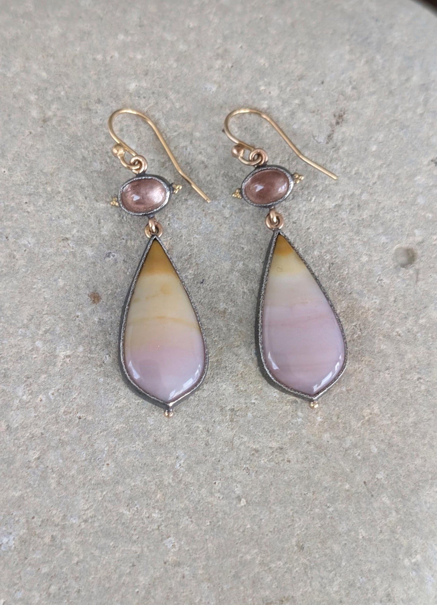Oregon Sunset Agate Earrings, Oregon Sunstone Earrings, Sterling Silver, 22k Gold Granulation, 14k Gold Accents