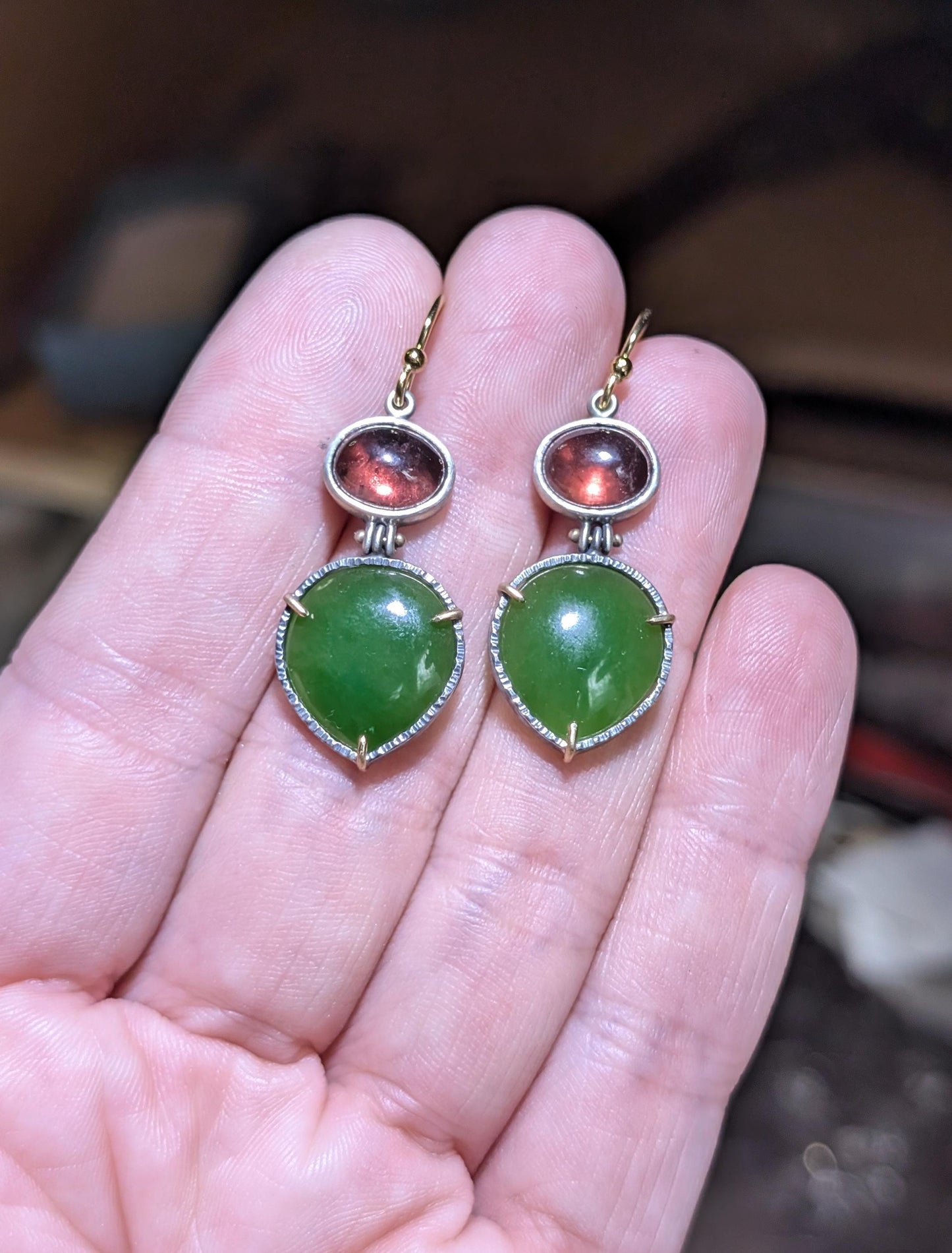 BC Jade Earrings, Tanga Garnet Earrings, Sterling Silver 14K Gold