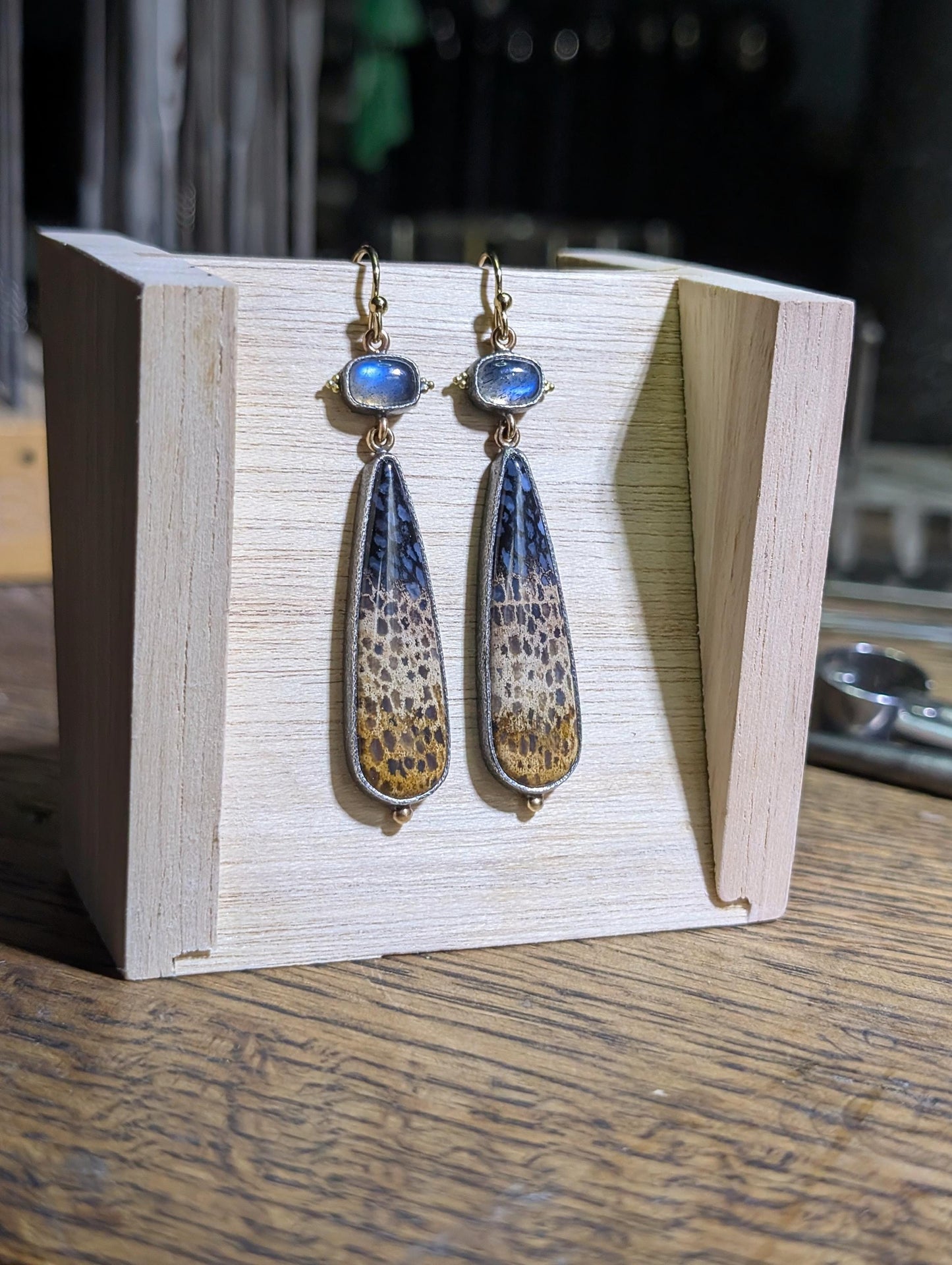 Tricolor Petrified Palmwood Earrings, Blue Labradorite Earrings, Sterling Silver, 22k Gold Granulation, 14k Gold Accents