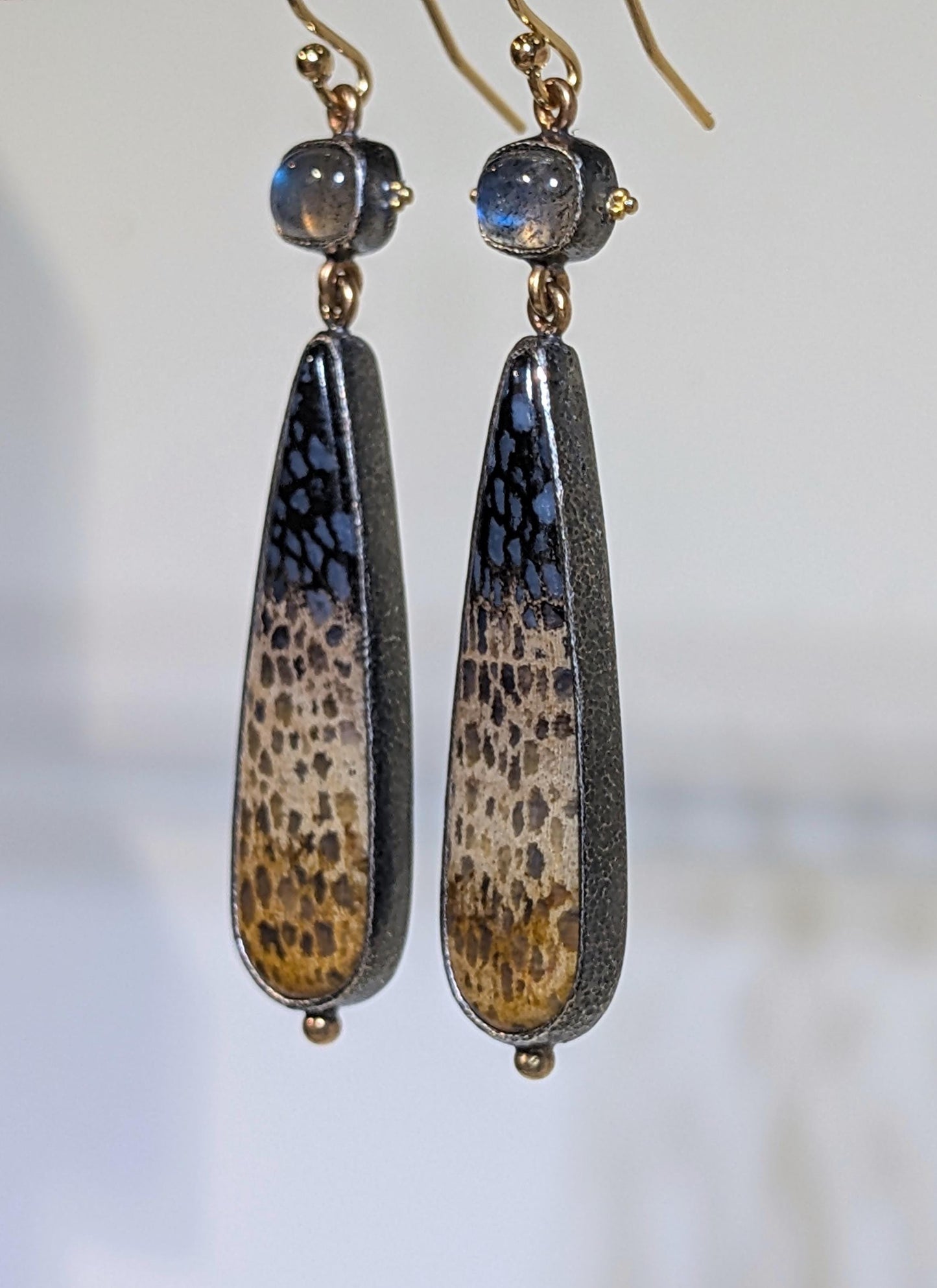 Tricolor Petrified Palmwood Earrings, Blue Labradorite Earrings, Sterling Silver, 22k Gold Granulation, 14k Gold Accents