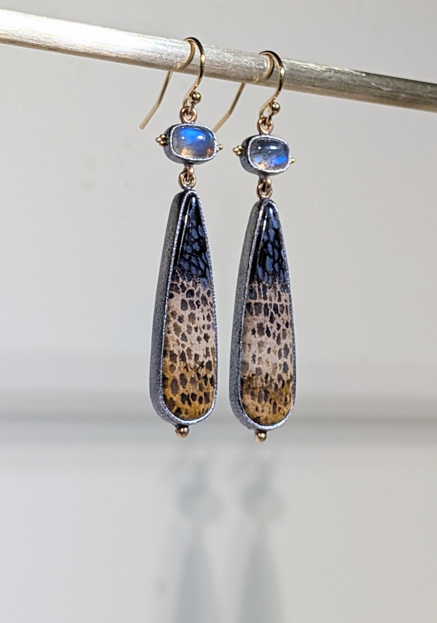 Tricolor Petrified Palmwood Earrings, Blue Labradorite Earrings, Sterling Silver, 22k Gold Granulation, 14k Gold Accents