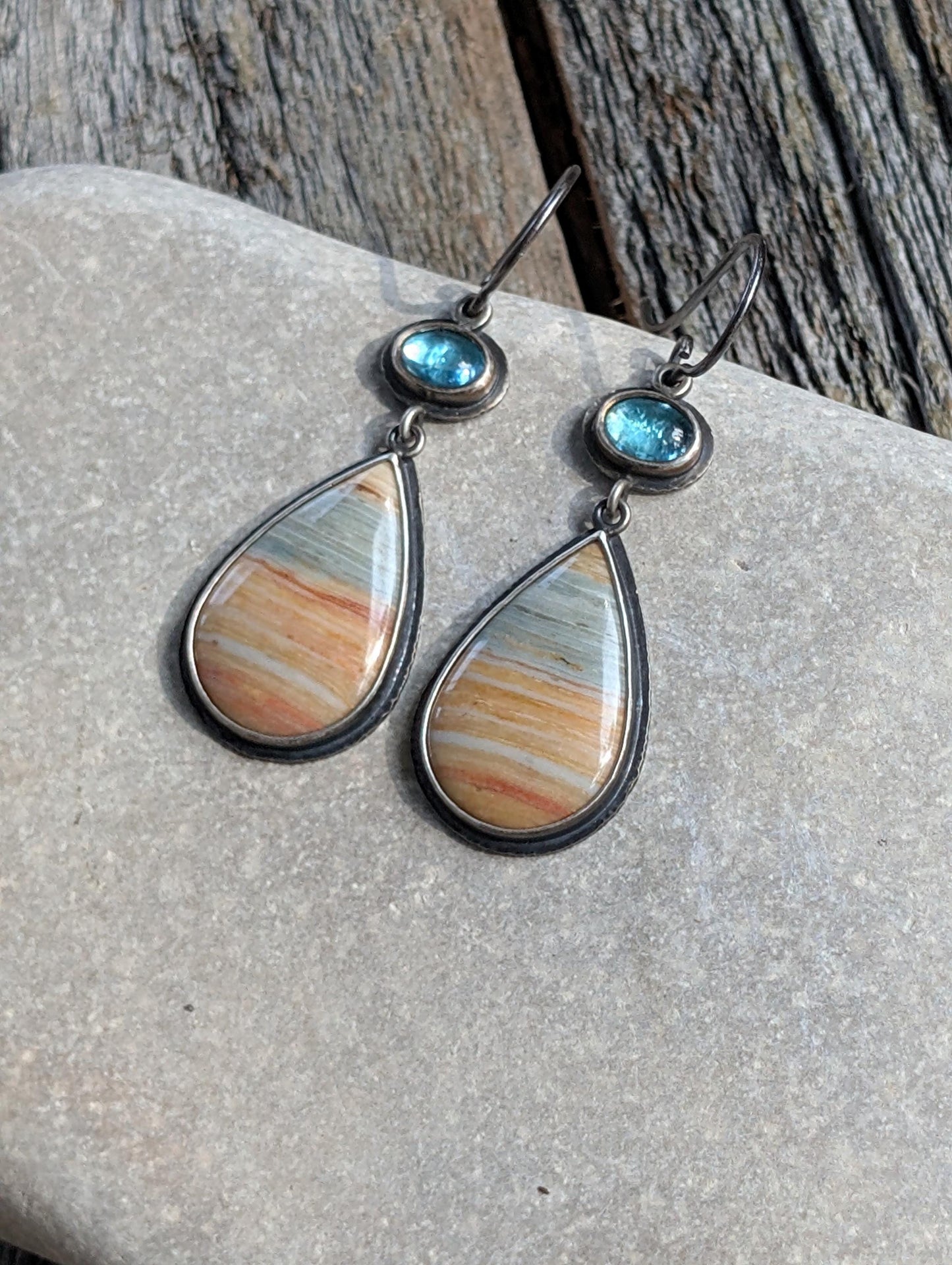 Gary Green Jasper Earrings, Blue Apatite Earrings, Sterling Silver
