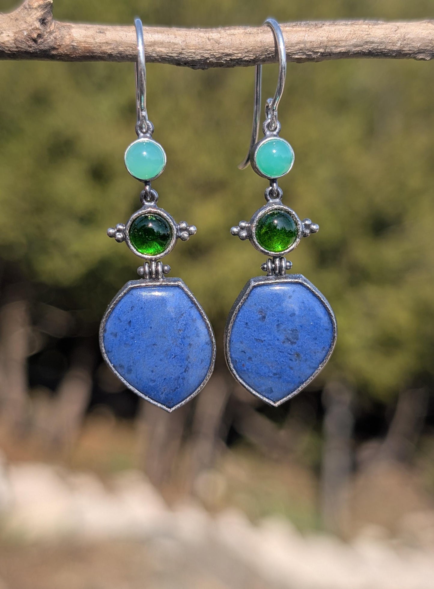 Blue Dumortierite Earrings, Chrome Diopside Earrings, Chrysoprase Earrings, Sterling Silver