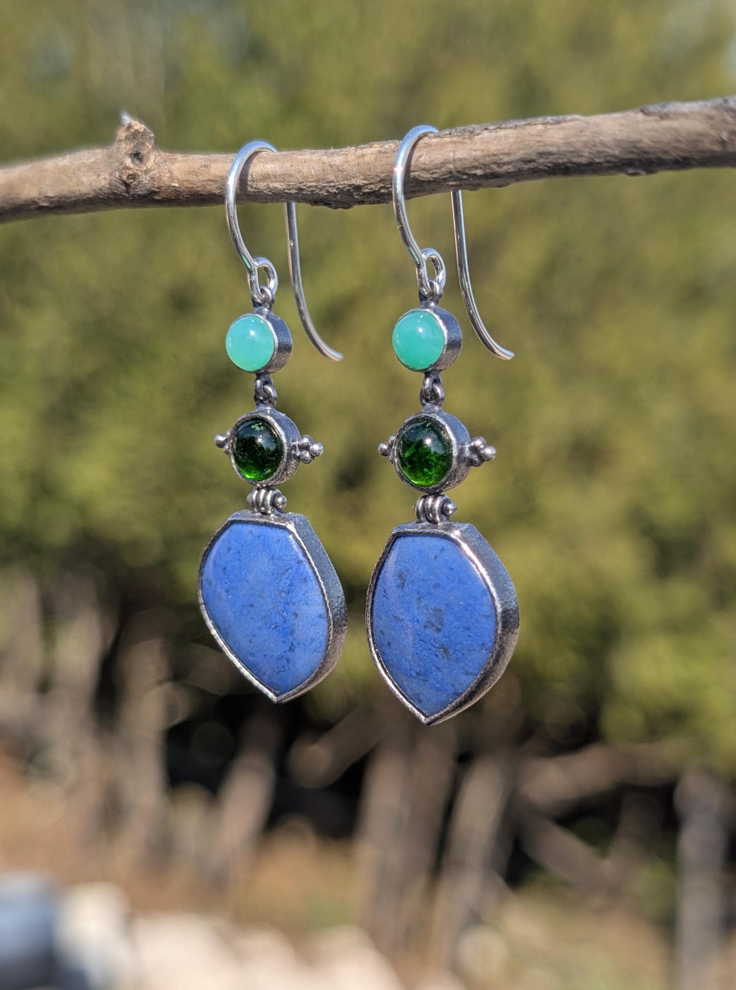 Blue Dumortierite Earrings, Chrome Diopside Earrings, Chrysoprase Earrings, Sterling Silver