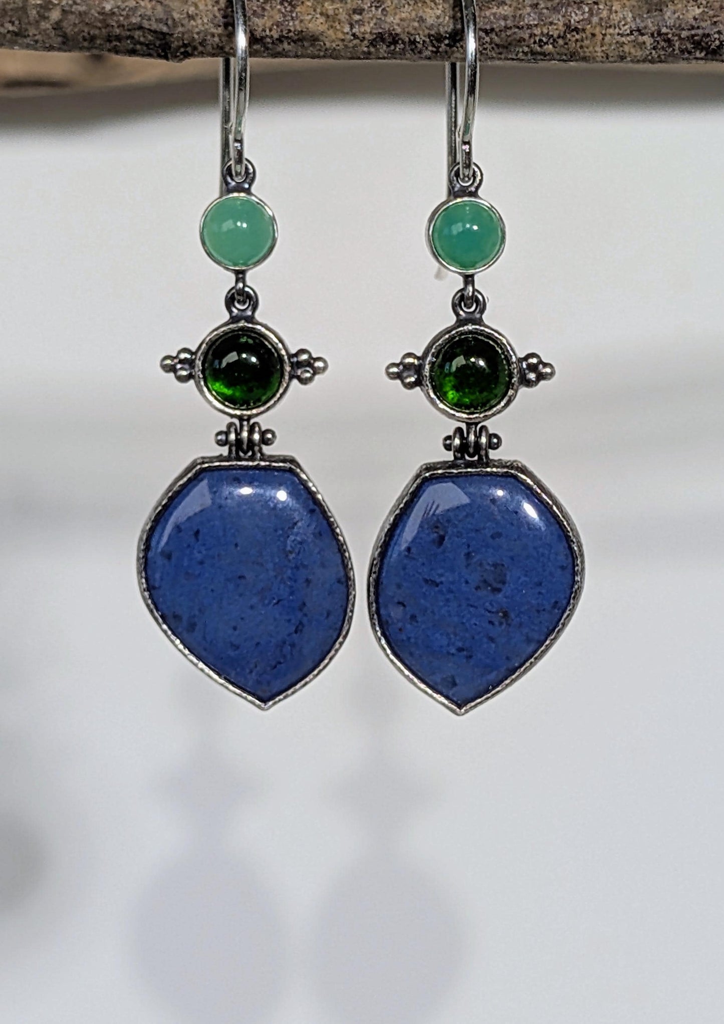 Blue Dumortierite Earrings, Chrome Diopside Earrings, Chrysoprase Earrings, Sterling Silver