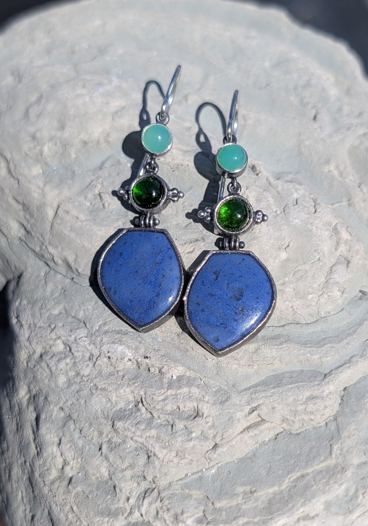 Blue Dumortierite Earrings, Chrome Diopside Earrings, Chrysoprase Earrings, Sterling Silver