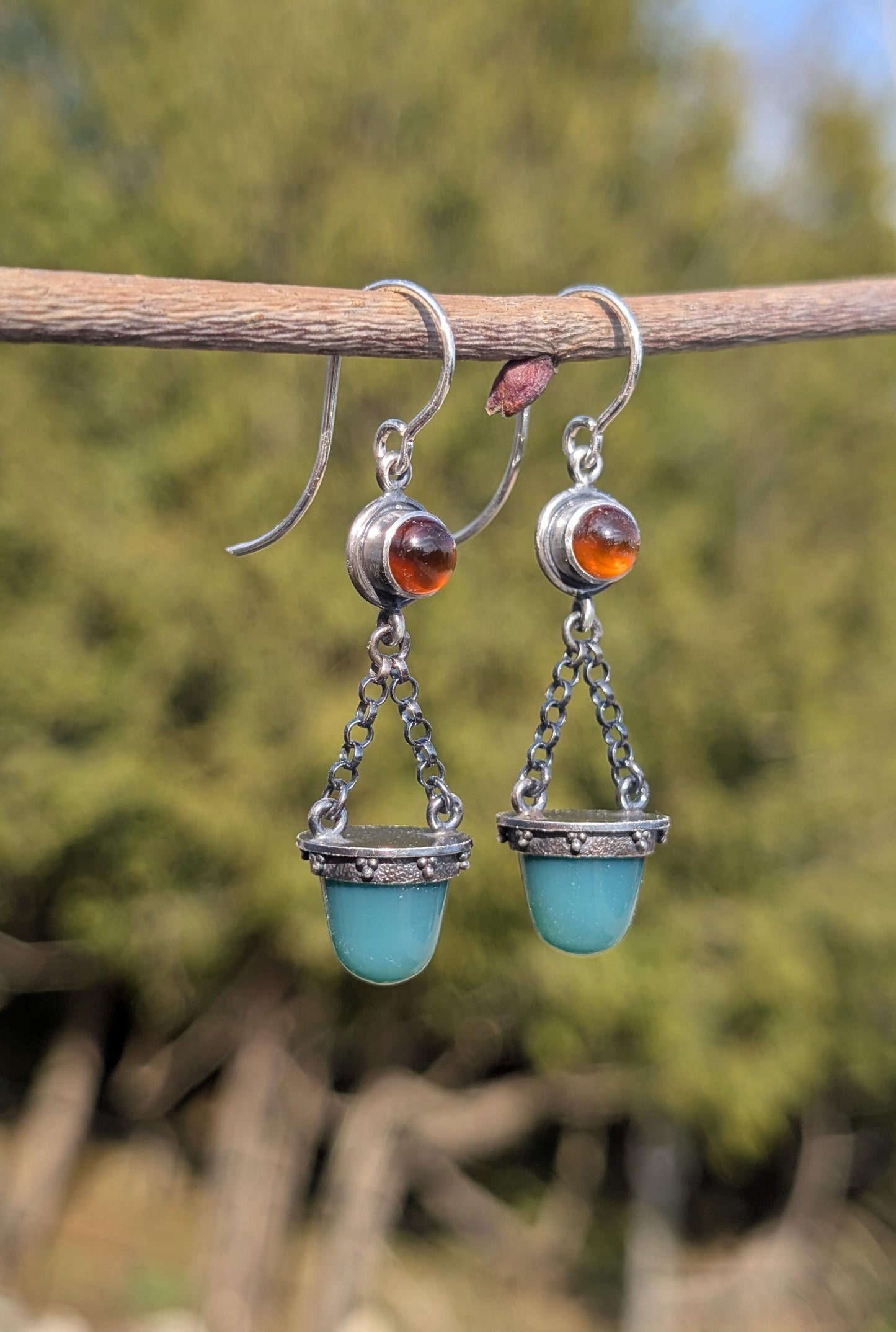 Chrome Green Chalcedony Earrings, Hessonite Garnet Earrings, Sterling Silver