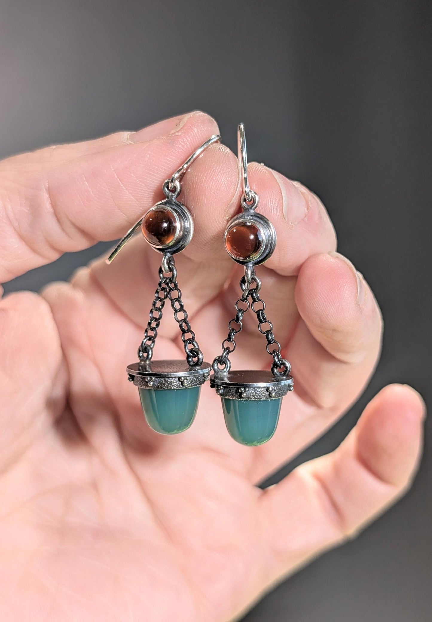 Chrome Green Chalcedony Earrings, Hessonite Garnet Earrings, Sterling Silver