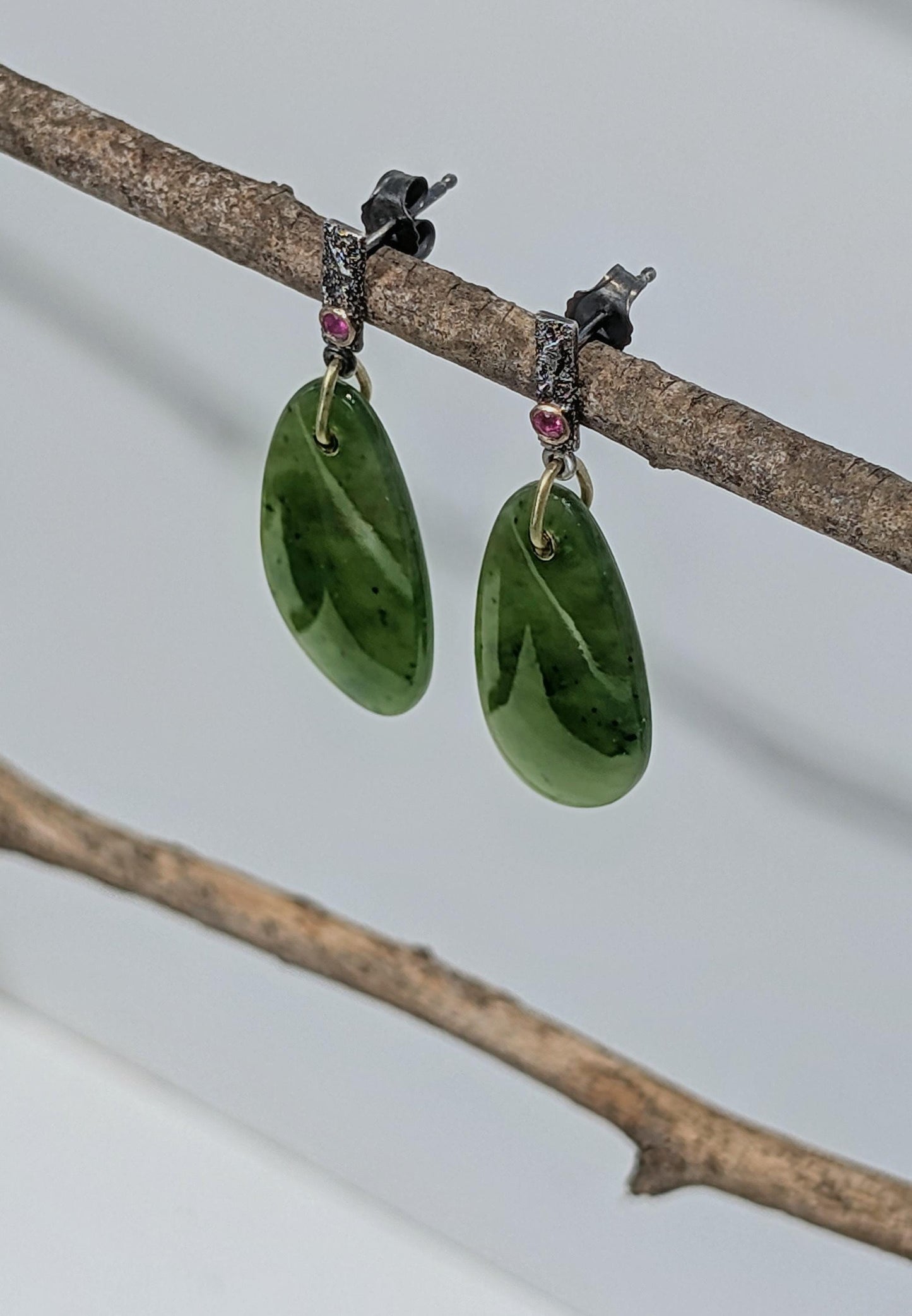 Mount Cassiar BC Chrome Green Jade Earrings, Mogok Ruby Earrings, Sterling Silver, 18K Gold