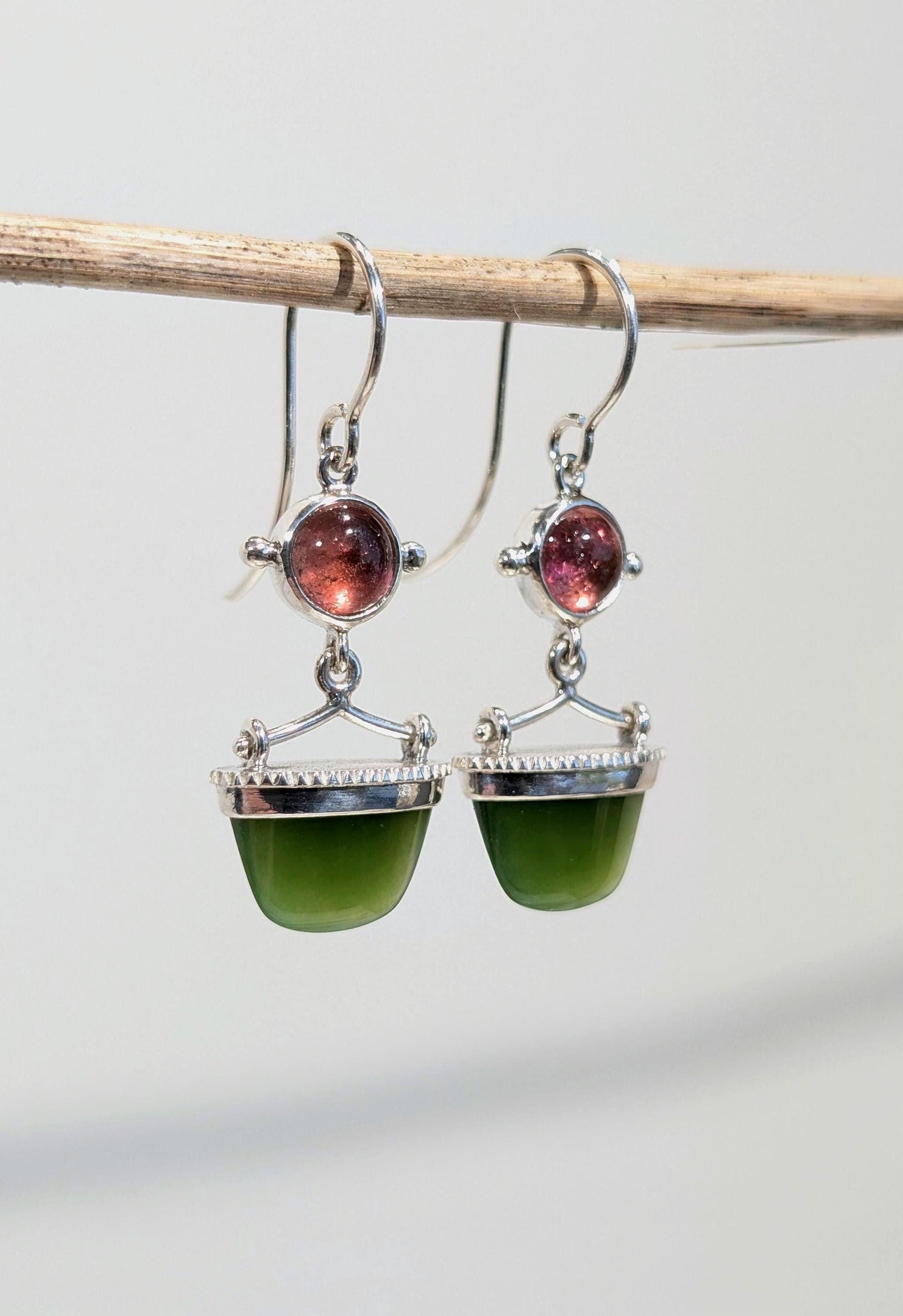 Canadian Green Jade and Tourmaline Earrings | Sterling Silver Statement Earrings | Handmade Artisan Gemstone Jewelry