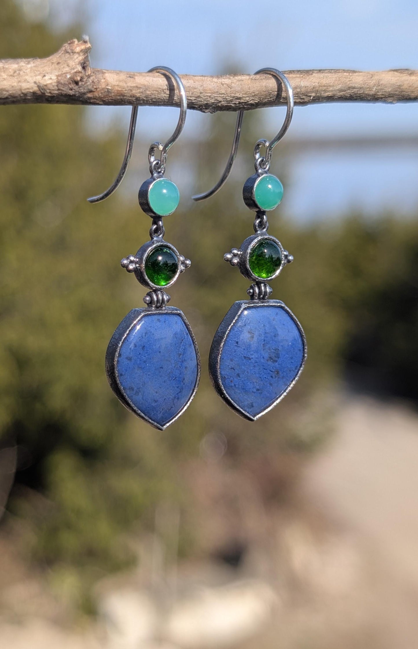 Blue Dumortierite Earrings, Chrome Diopside Earrings, Chrysoprase Earrings, Sterling Silver