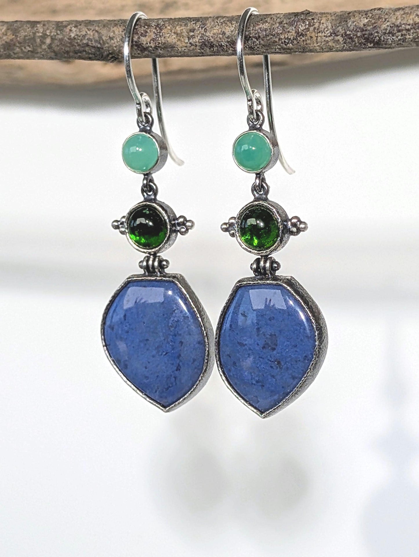 Blue Dumortierite Earrings, Chrome Diopside Earrings, Chrysoprase Earrings, Sterling Silver