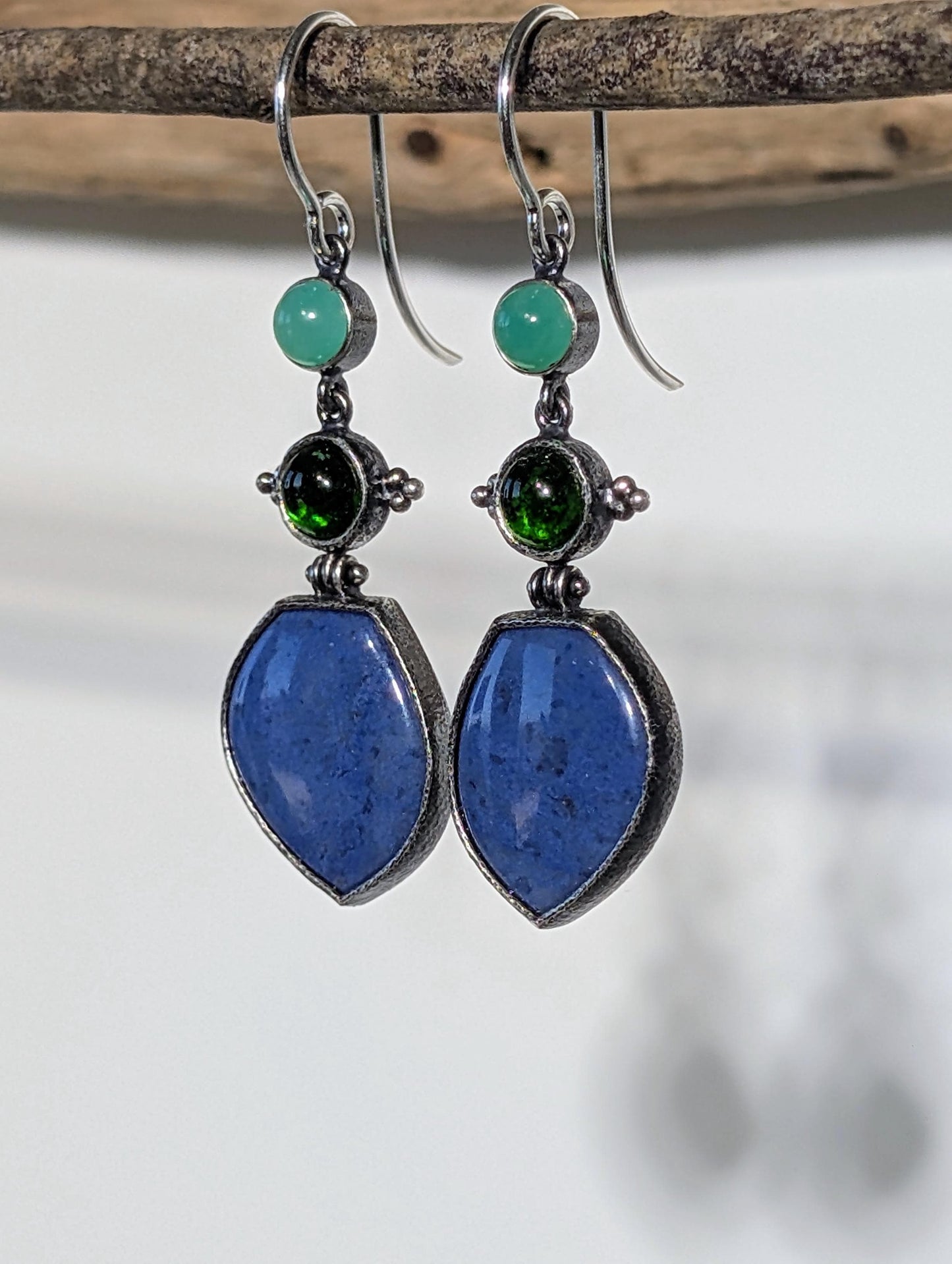 Blue Dumortierite Earrings, Chrome Diopside Earrings, Chrysoprase Earrings, Sterling Silver